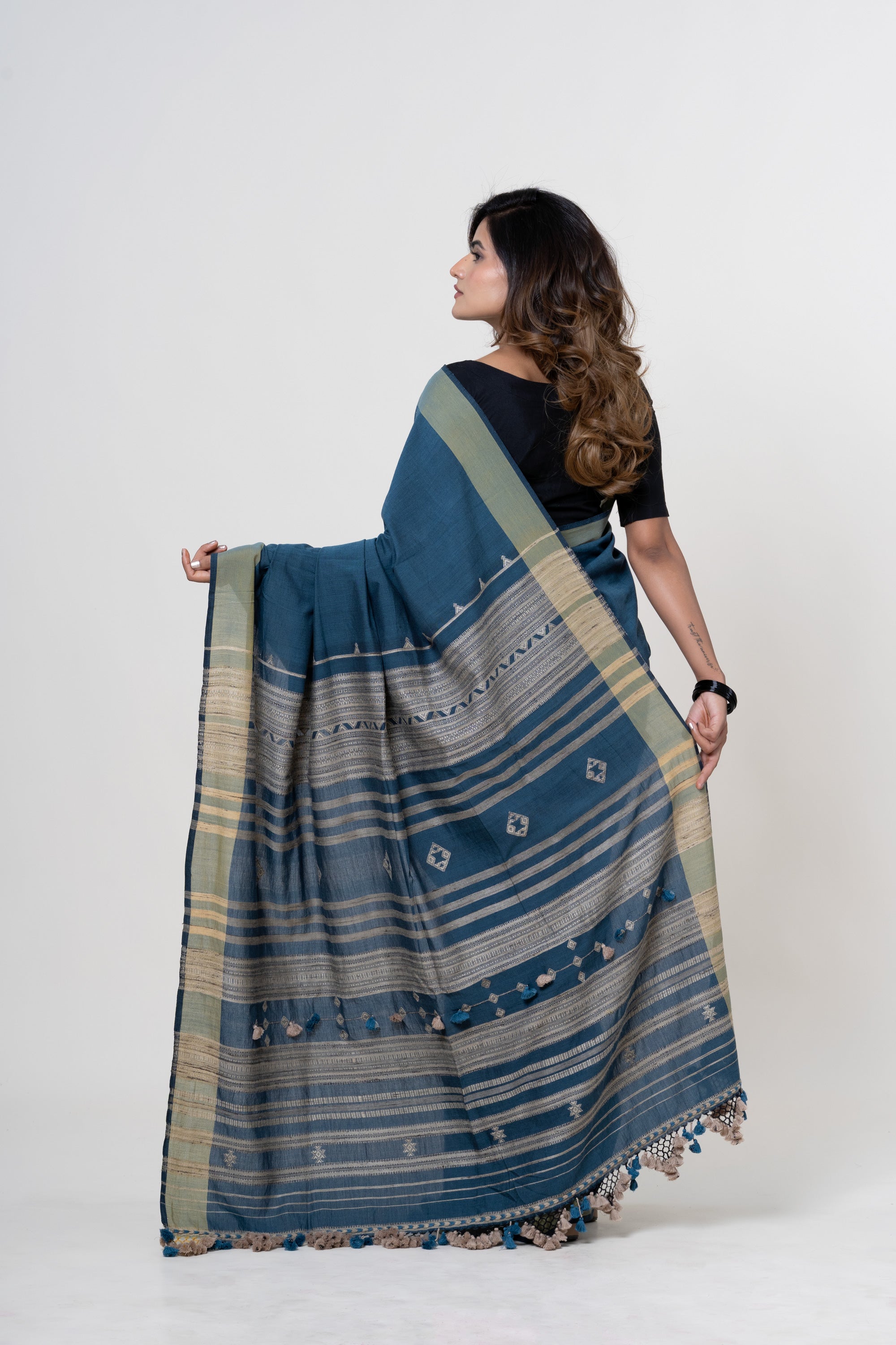 Deep Teal Blue Bhujodi Handwoven Tussar Silk Saree with Beige/Gold Motifs