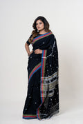 Jet Black Bhujodi Handwoven Kala Cotton Saree with White Motifs
