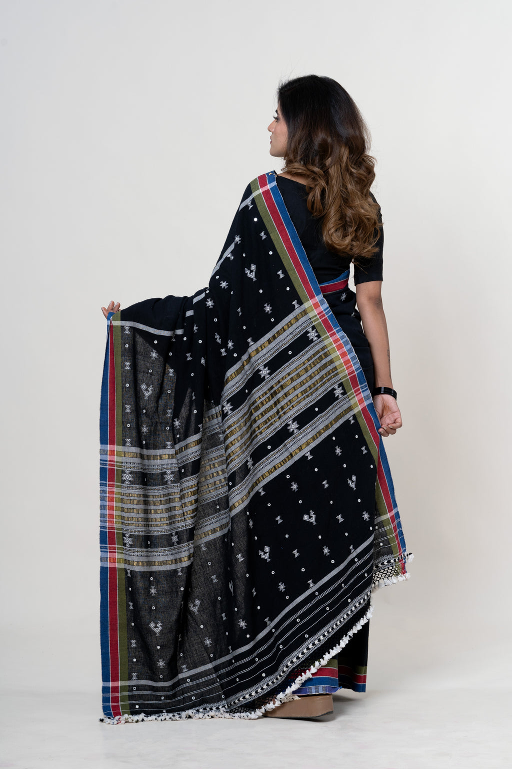 Jet Black Bhujodi Handwoven Kala Cotton Saree with White Motifs