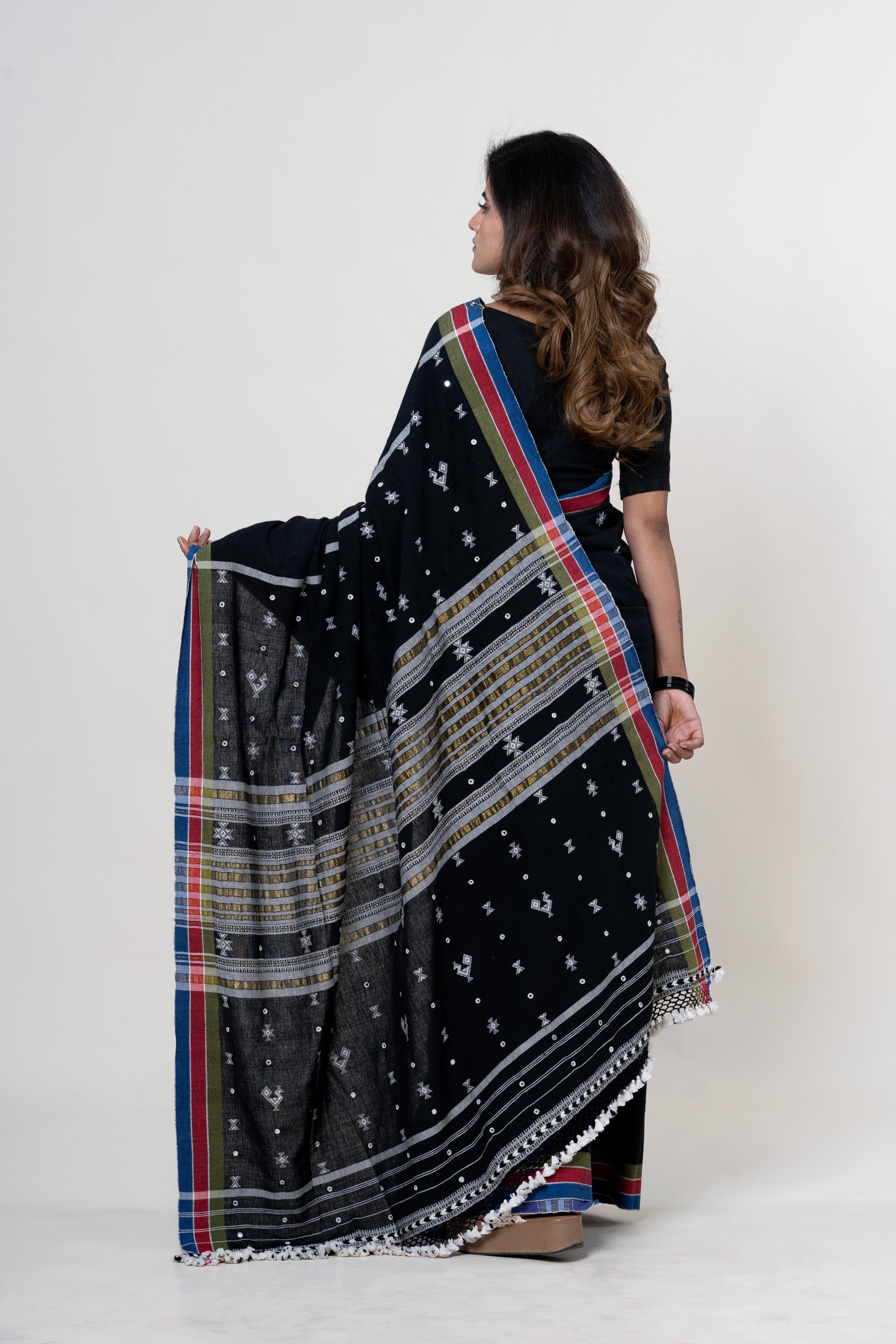 Jet Black Bhujodi Handwoven Kala Cotton Saree with White Motifs