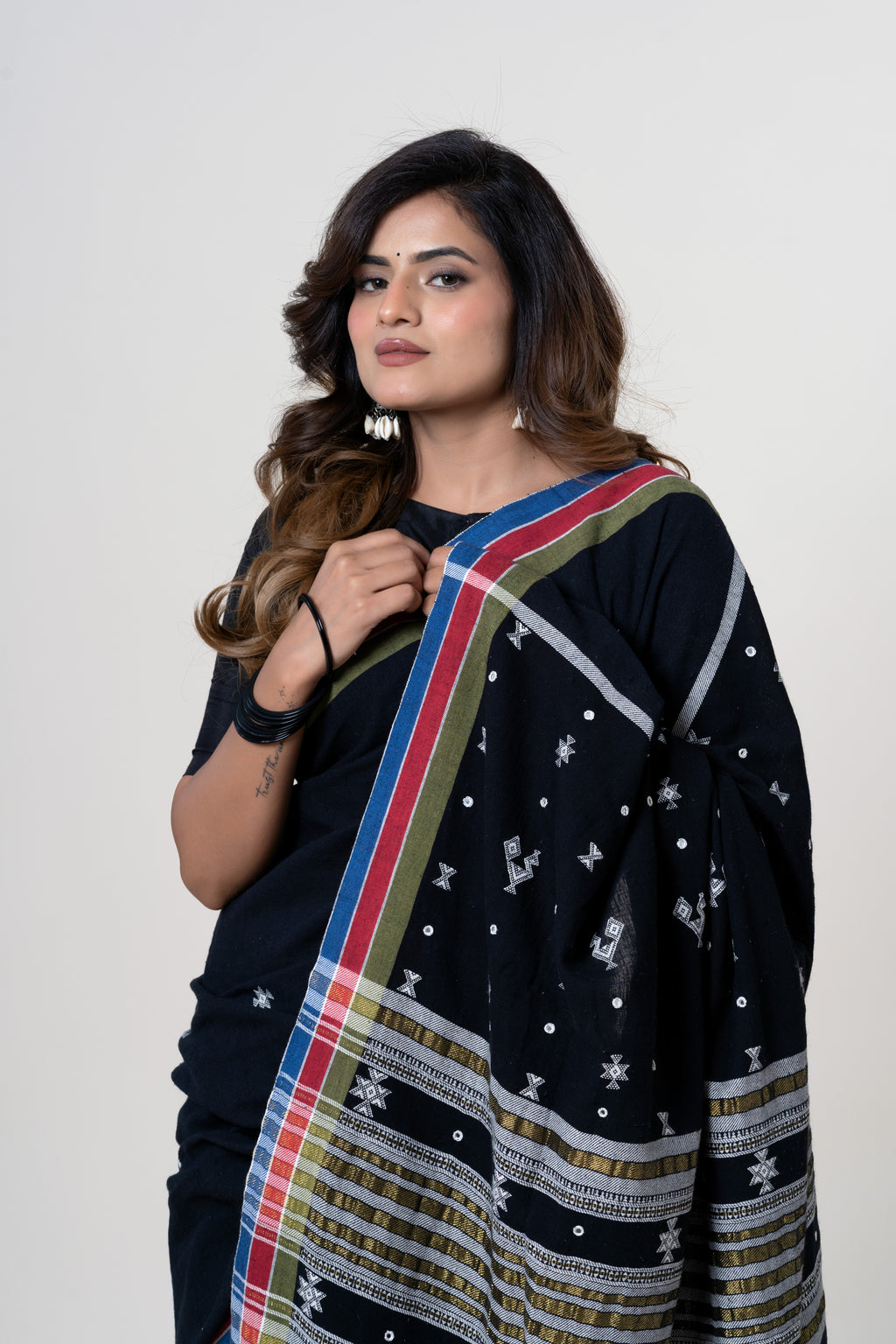 Jet Black Bhujodi Handwoven Kala Cotton Saree with White Motifs
