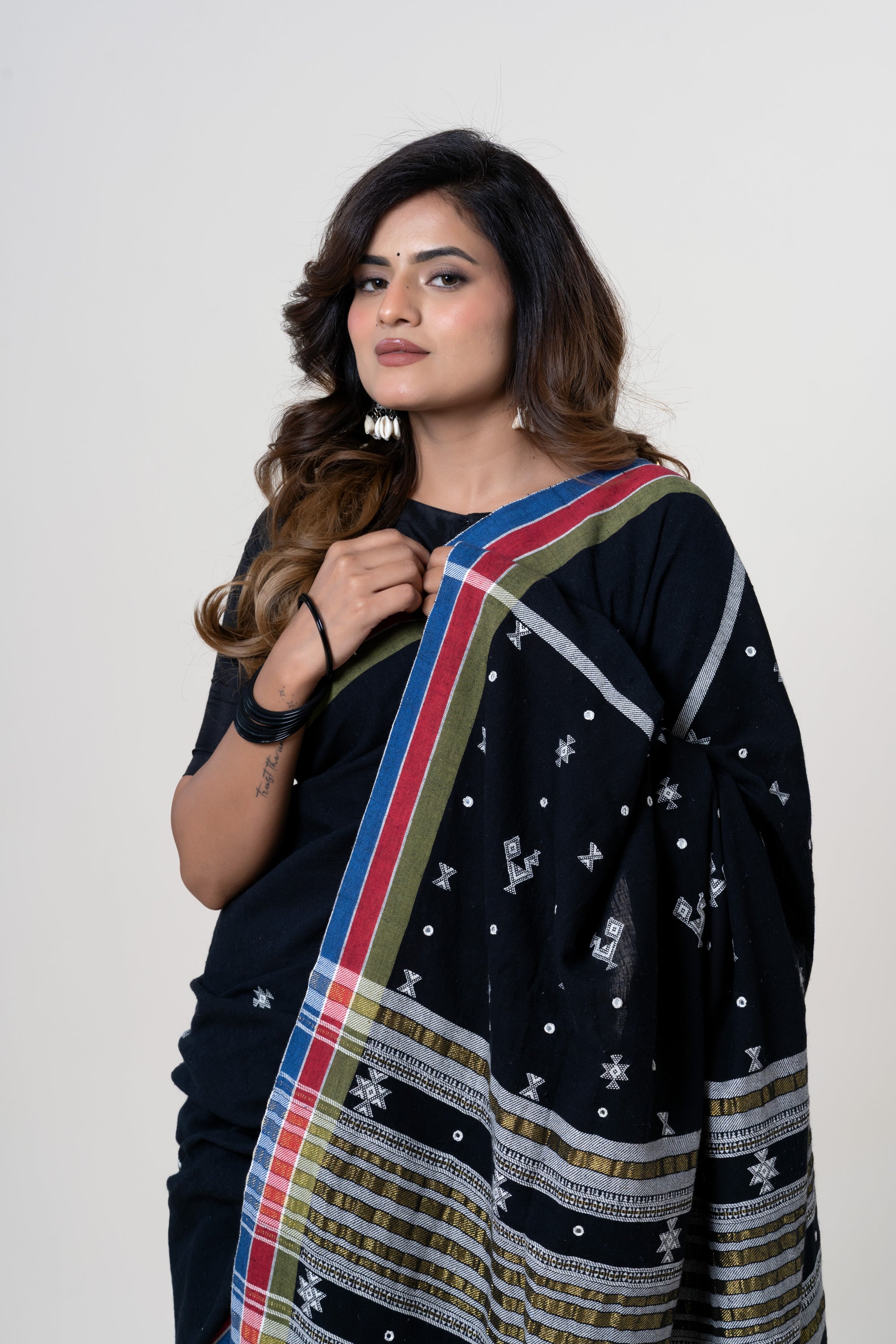Jet Black Bhujodi Handwoven Kala Cotton Saree with White Motifs