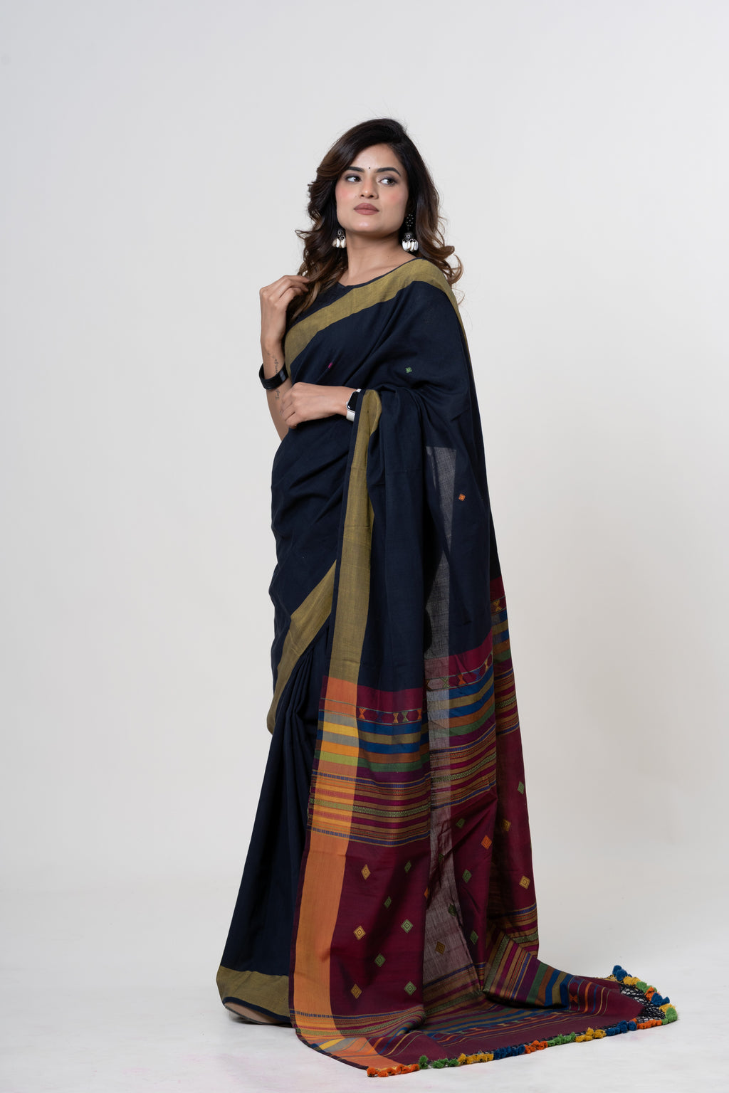 Midnight Black - Maroon Pallu Bhujodi Handwoven Fine Cotton Saree with Multi-colored Motifs