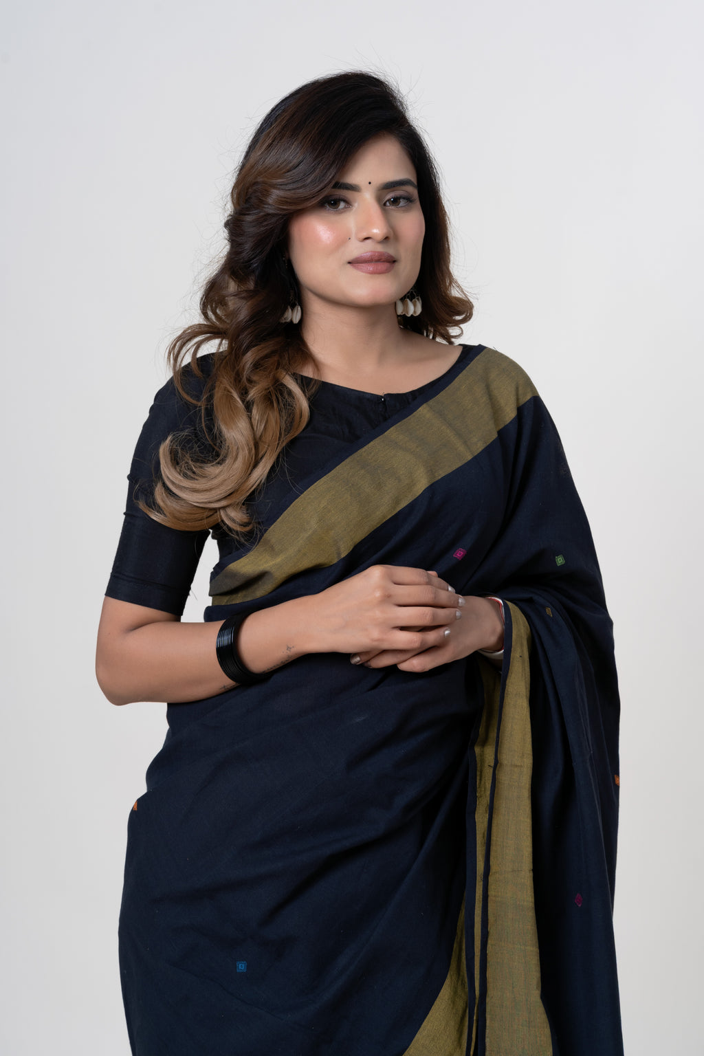 Midnight Black - Maroon Pallu Bhujodi Handwoven Fine Cotton Saree with Multi-colored Motifs