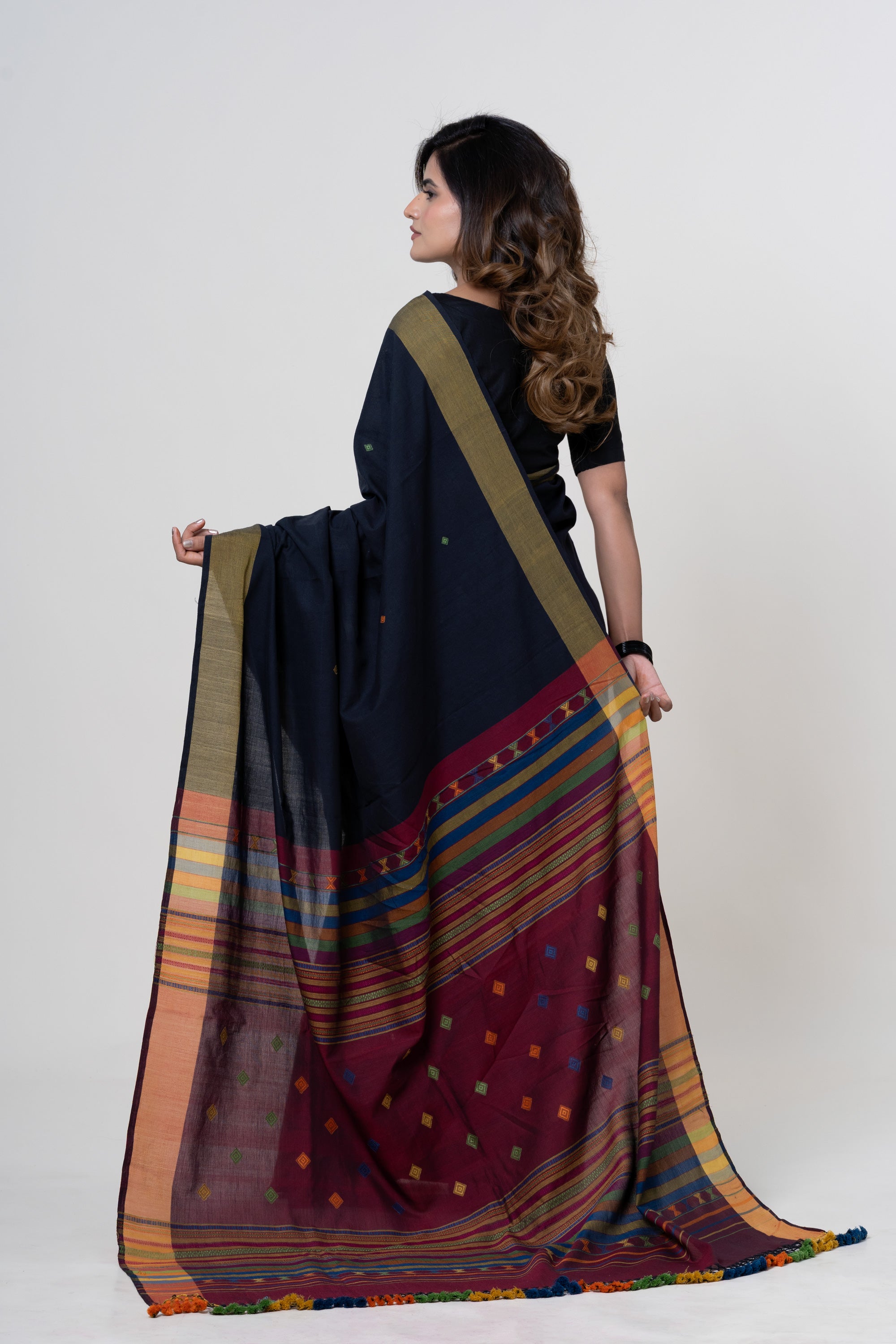 Midnight Black - Maroon Pallu Bhujodi Handwoven Fine Cotton Saree with Multi-colored Motifs