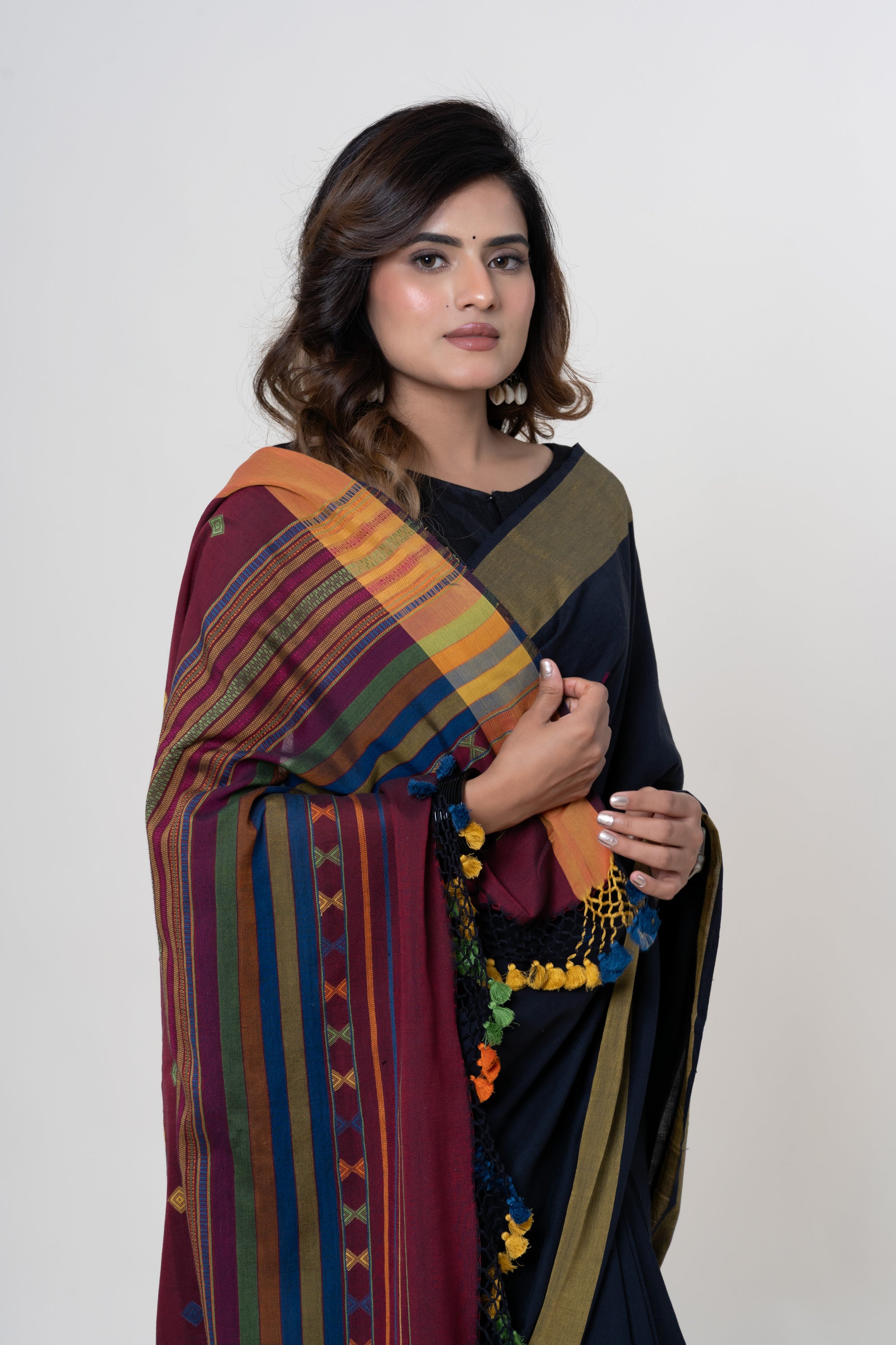 Midnight Black - Maroon Pallu Bhujodi Handwoven Fine Cotton Saree with Multi-colored Motifs