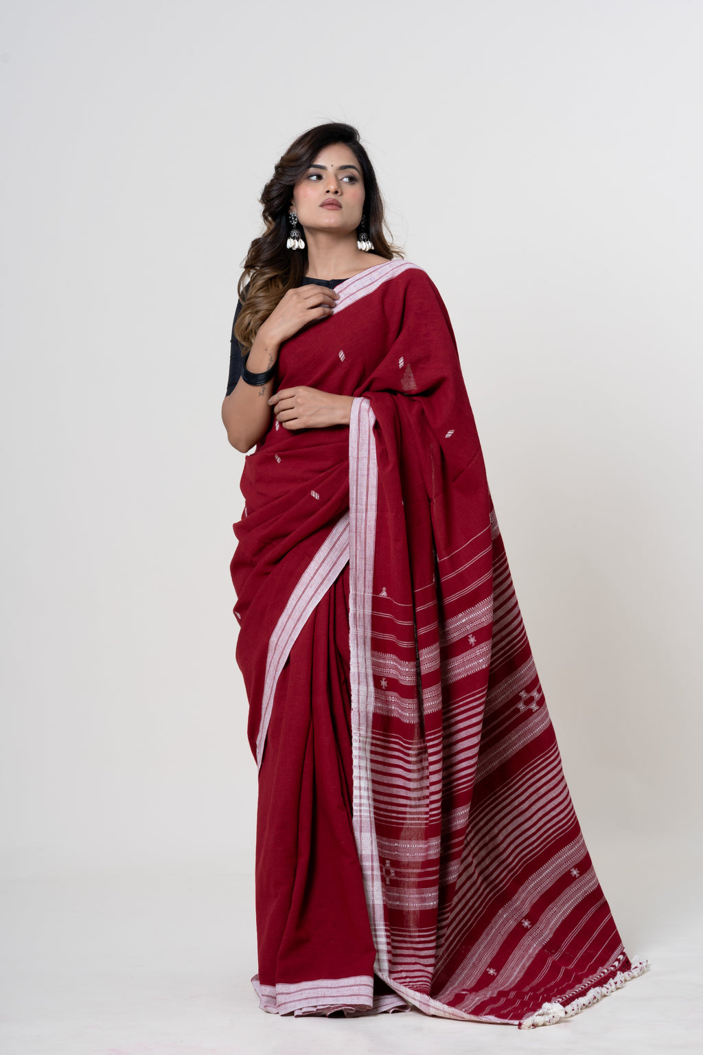 Deep Madder Red/Maroon Bhujodi Handwoven Kala Cotton Saree with Ivory White Motifs