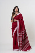 Deep Madder Red/Maroon Bhujodi Handwoven Kala Cotton Saree with Ivory White Motifs