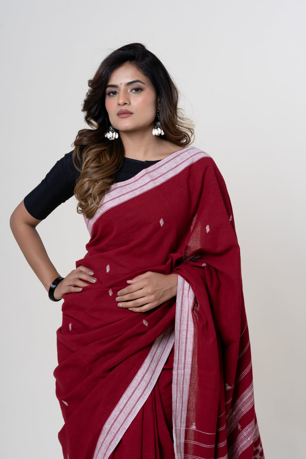 Deep Madder Red/Maroon Bhujodi Handwoven Kala Cotton Saree with Ivory White Motifs