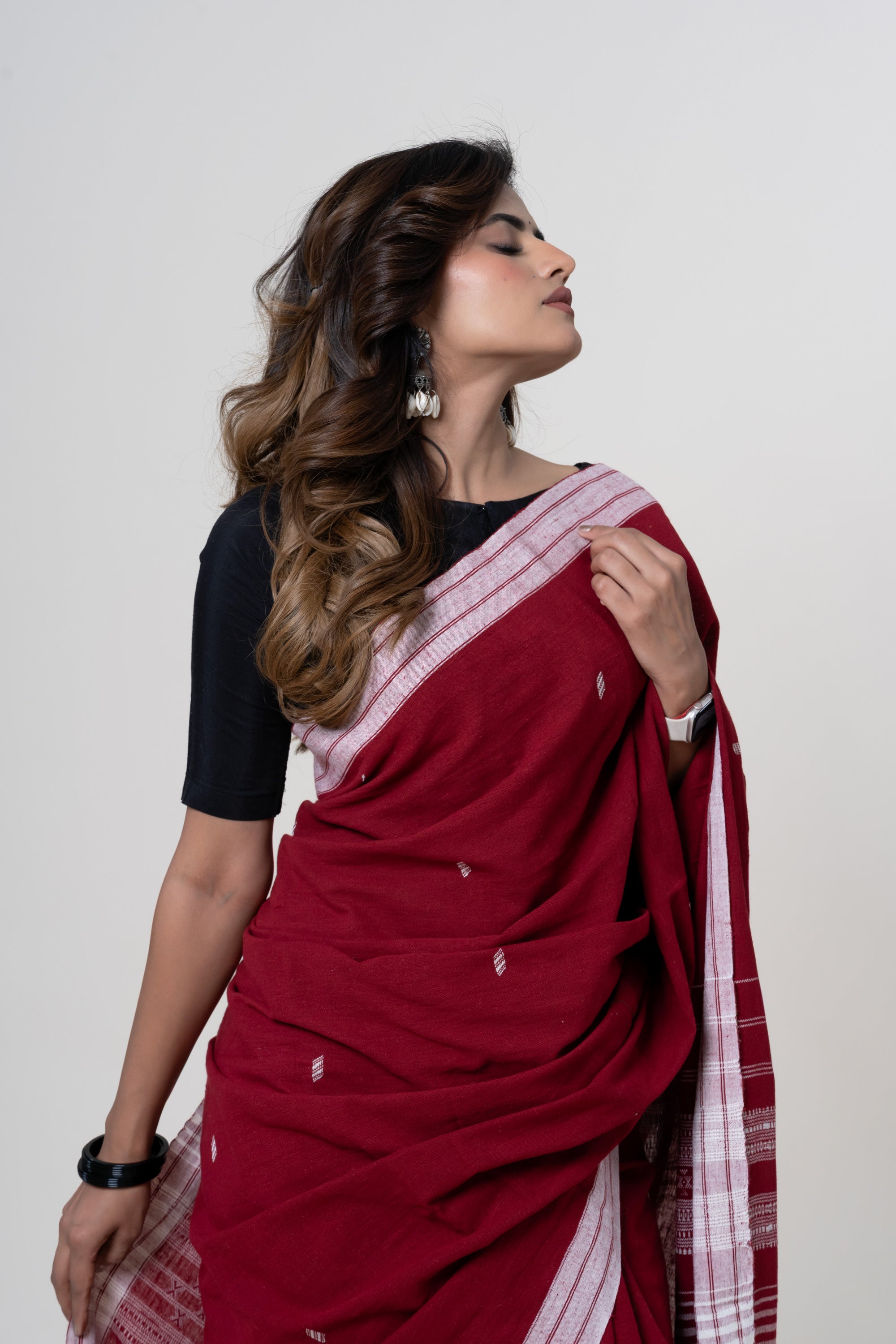 Deep Madder Red/Maroon Bhujodi Handwoven Kala Cotton Saree with Ivory White Motifs