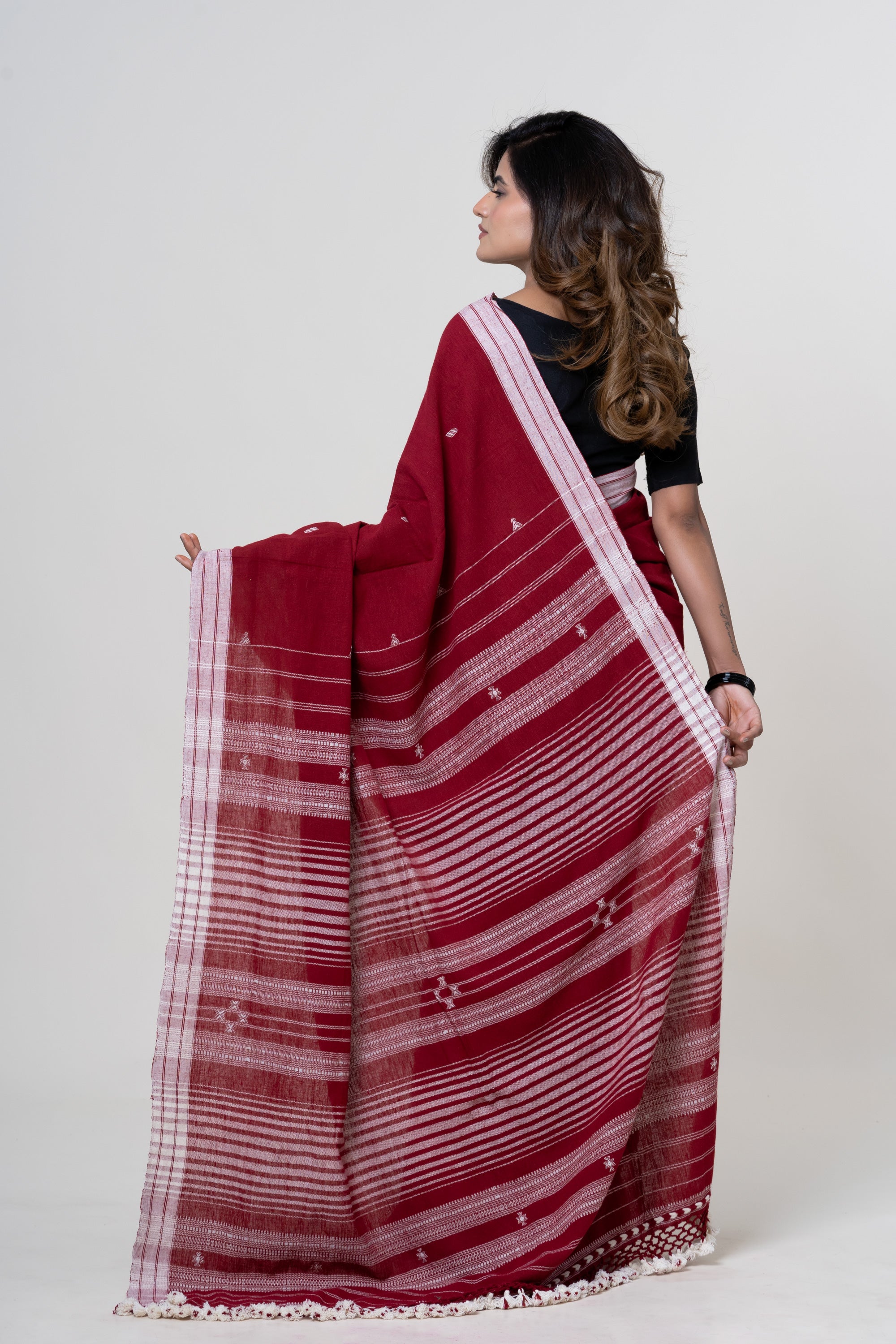 Deep Madder Red/Maroon Bhujodi Handwoven Kala Cotton Saree with Ivory White Motifs