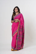 Vibrant Rani Pink Bhujodi Handwoven Kala Cotton Saree with Mustard Yellow, Indigo Motifs and Mirror work