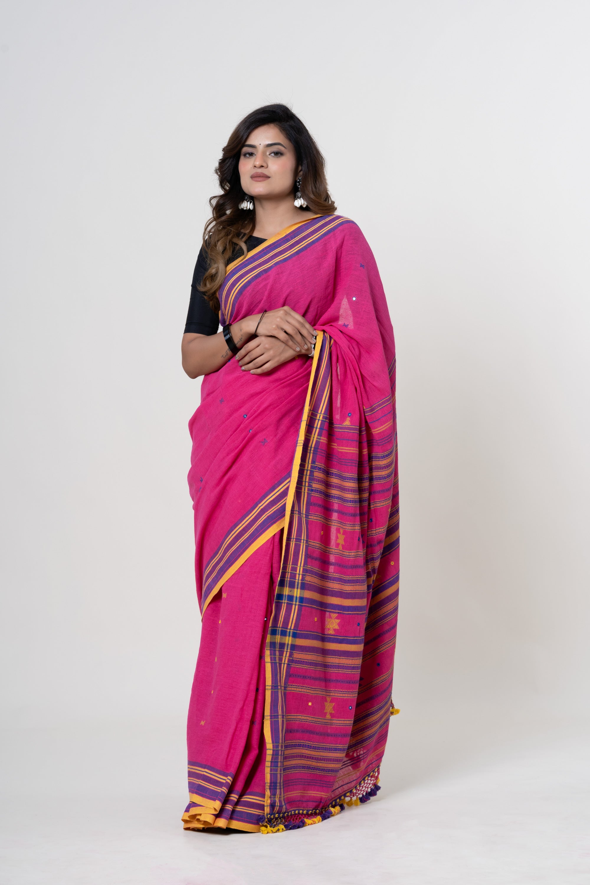 Vibrant Rani Pink Bhujodi Handwoven Kala Cotton Saree with Mustard Yellow, Indigo Motifs and Mirror work