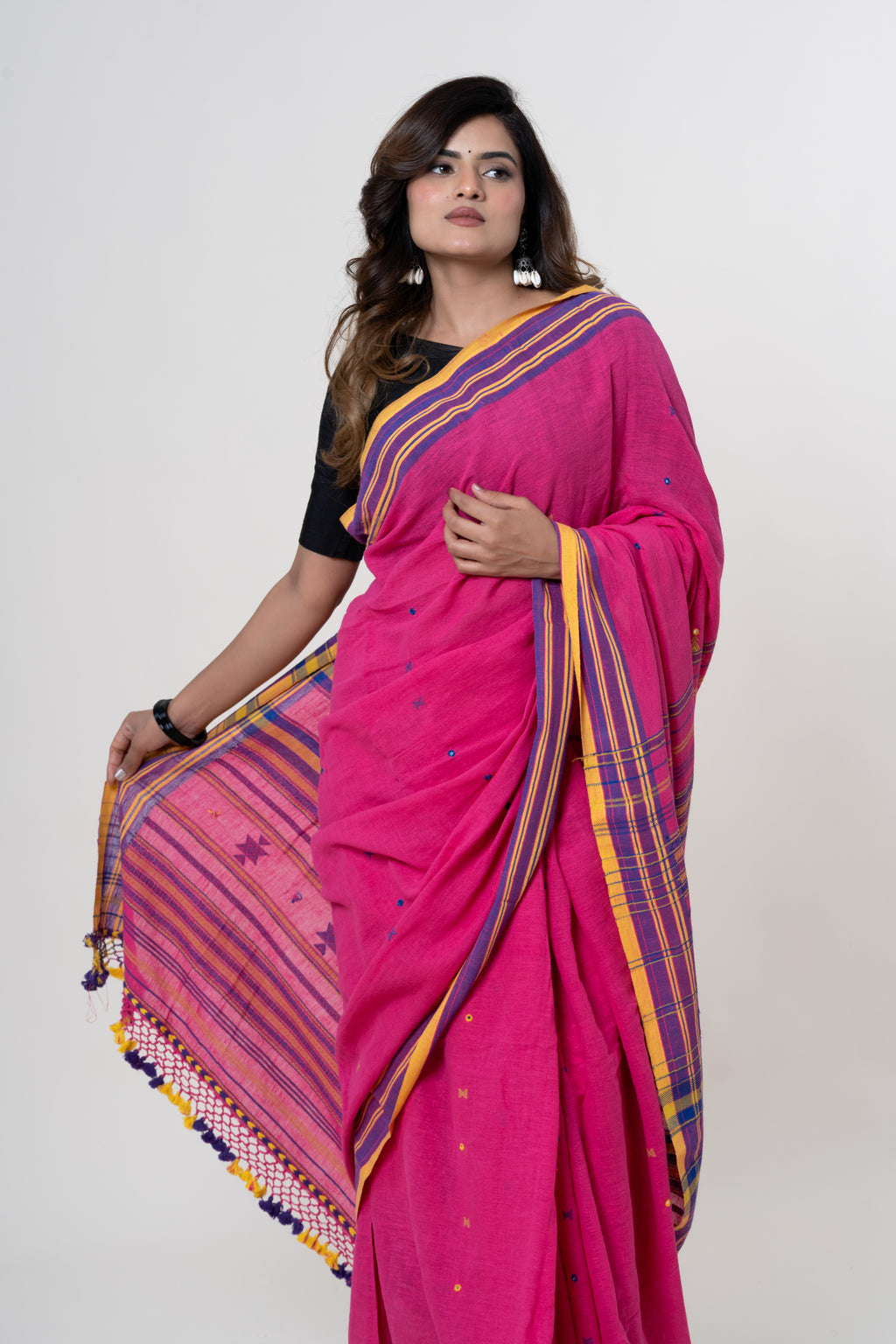 Vibrant Rani Pink Bhujodi Handwoven Kala Cotton Saree with Mustard Yellow, Indigo Motifs and Mirror work