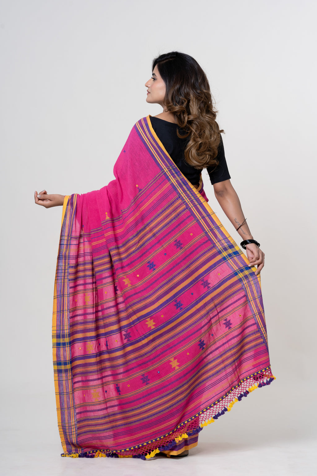 Vibrant Rani Pink Bhujodi Handwoven Kala Cotton Saree with Mustard Yellow, Indigo Motifs and Mirror work