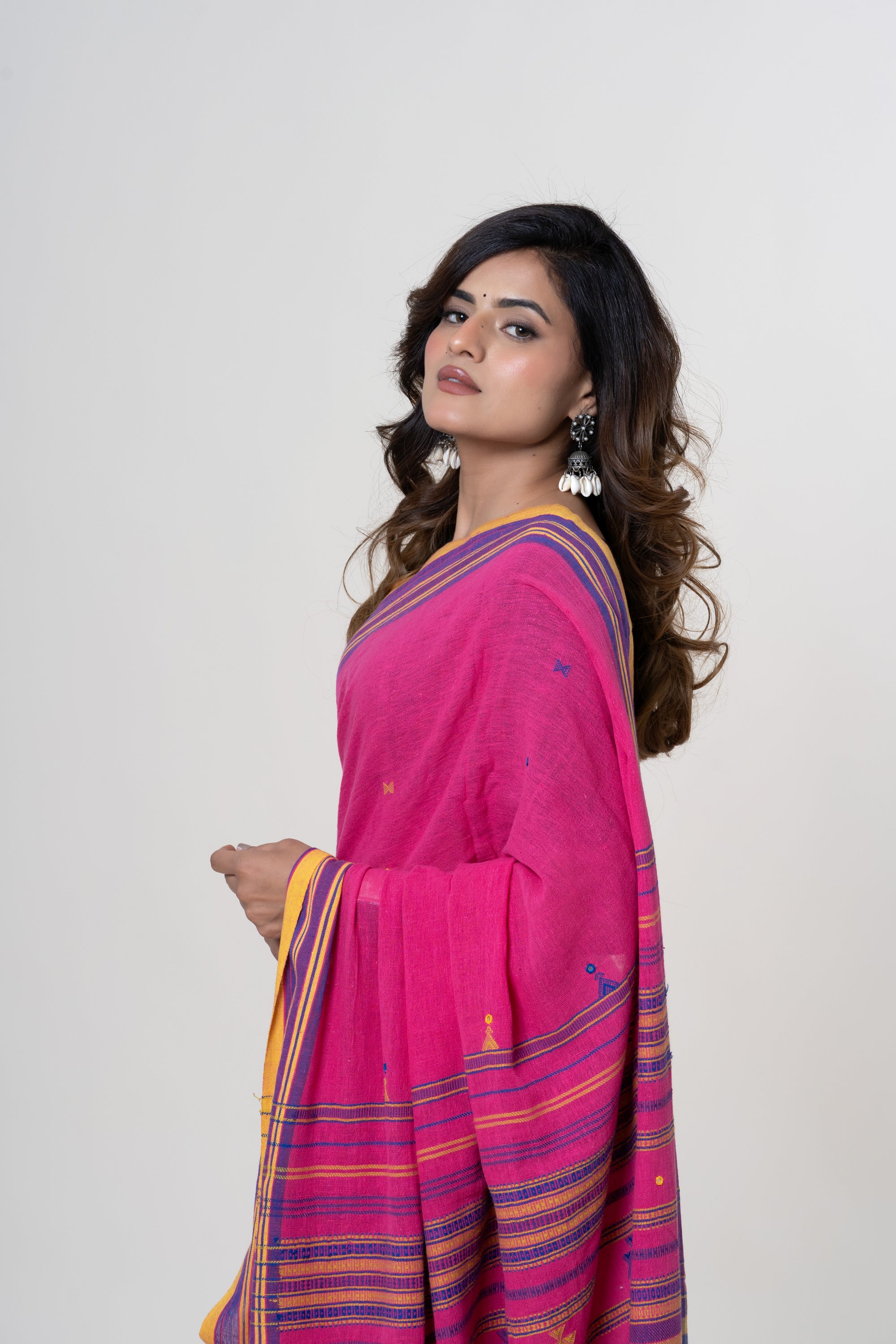 Vibrant Rani Pink Bhujodi Handwoven Kala Cotton Saree with Mustard Yellow, Indigo Motifs and Mirror work