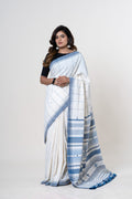 Natural White Bhujodi Handwoven Kala Cotton Saree with Indigo Blue Motifs and Mirror work