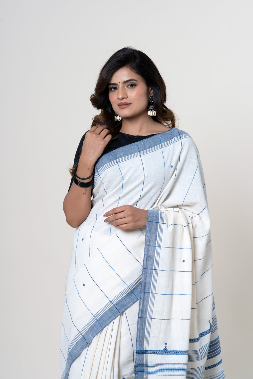 Natural White Bhujodi Handwoven Kala Cotton Saree with Indigo Blue Motifs and Mirror work