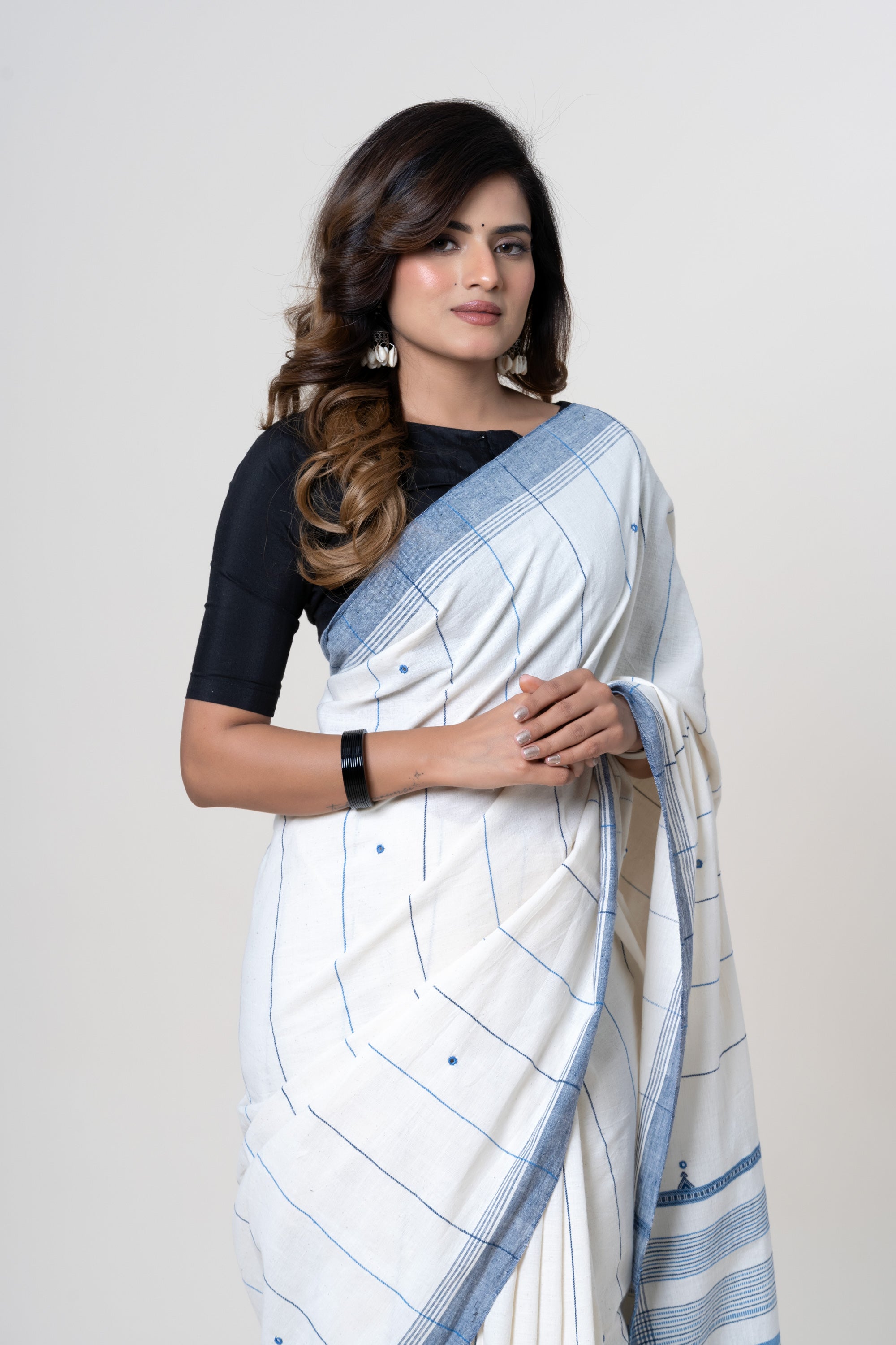 Natural White Bhujodi Handwoven Kala Cotton Saree with Indigo Blue Motifs and Mirror work