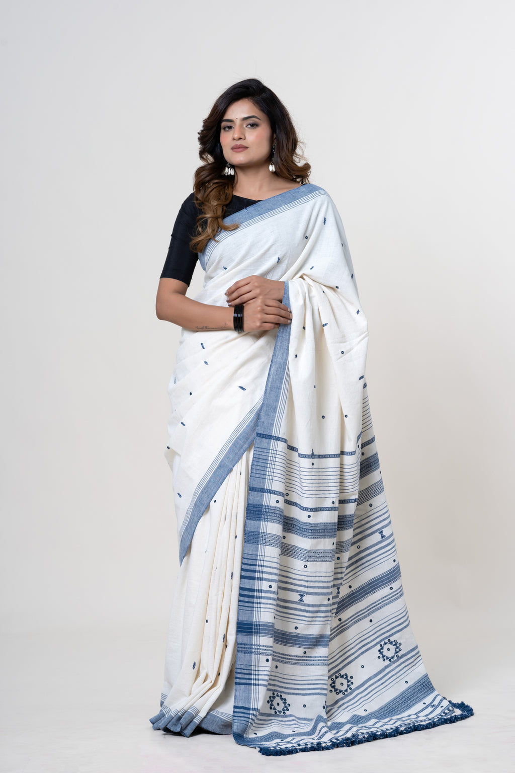 Natural Off-White Bhujodi Handwoven Kala Cotton Saree with Indigo Blue Motifs and Mirror work