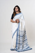 Natural Off-White Bhujodi Handwoven Kala Cotton Saree with Indigo Blue Motifs and Mirror work