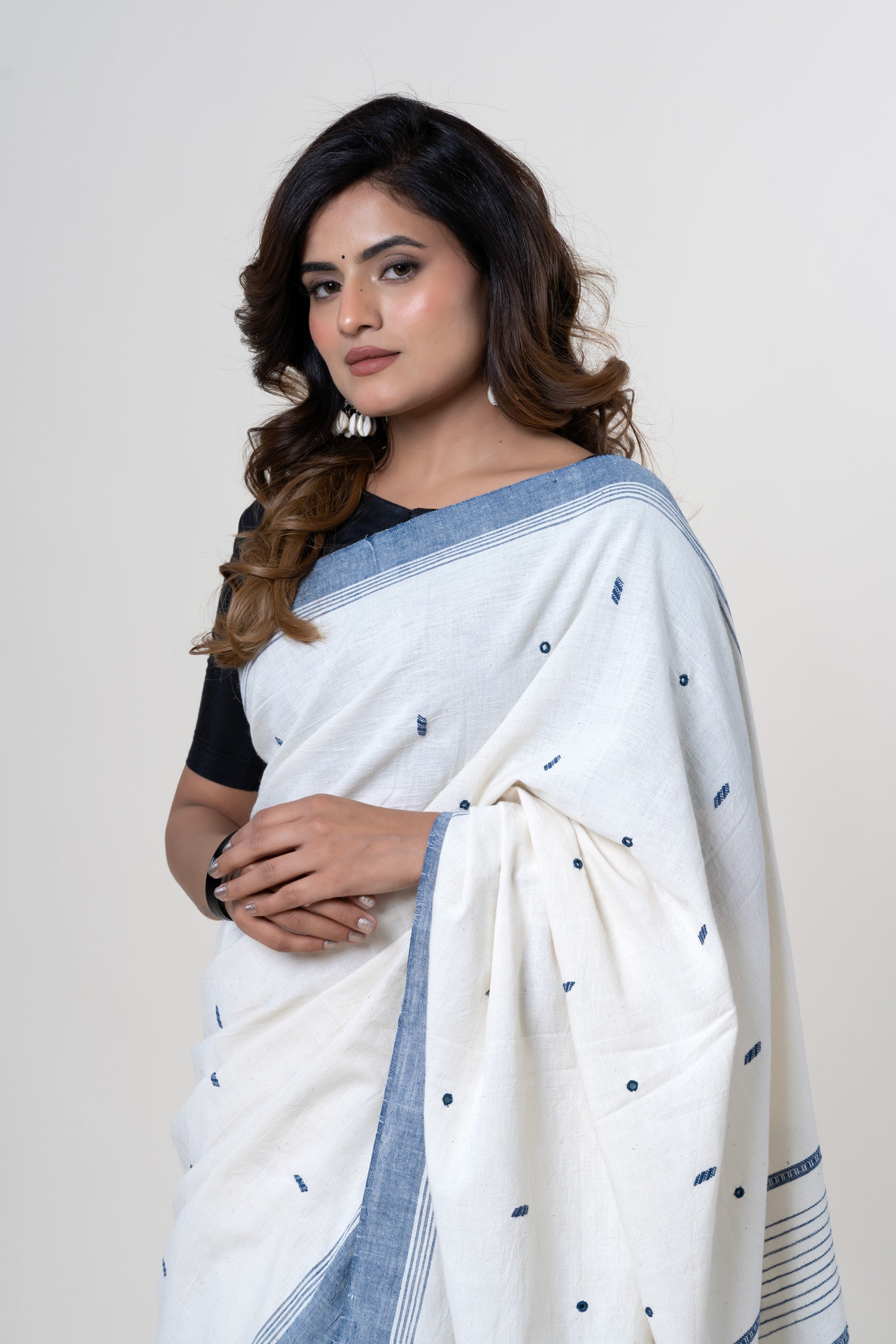 Natural Off-White Bhujodi Handwoven Kala Cotton Saree with Indigo Blue Motifs and Mirror work