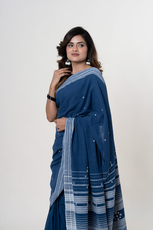 Deep Indigo Bhujodi Handwoven Kala Cotton Saree with White Motifs