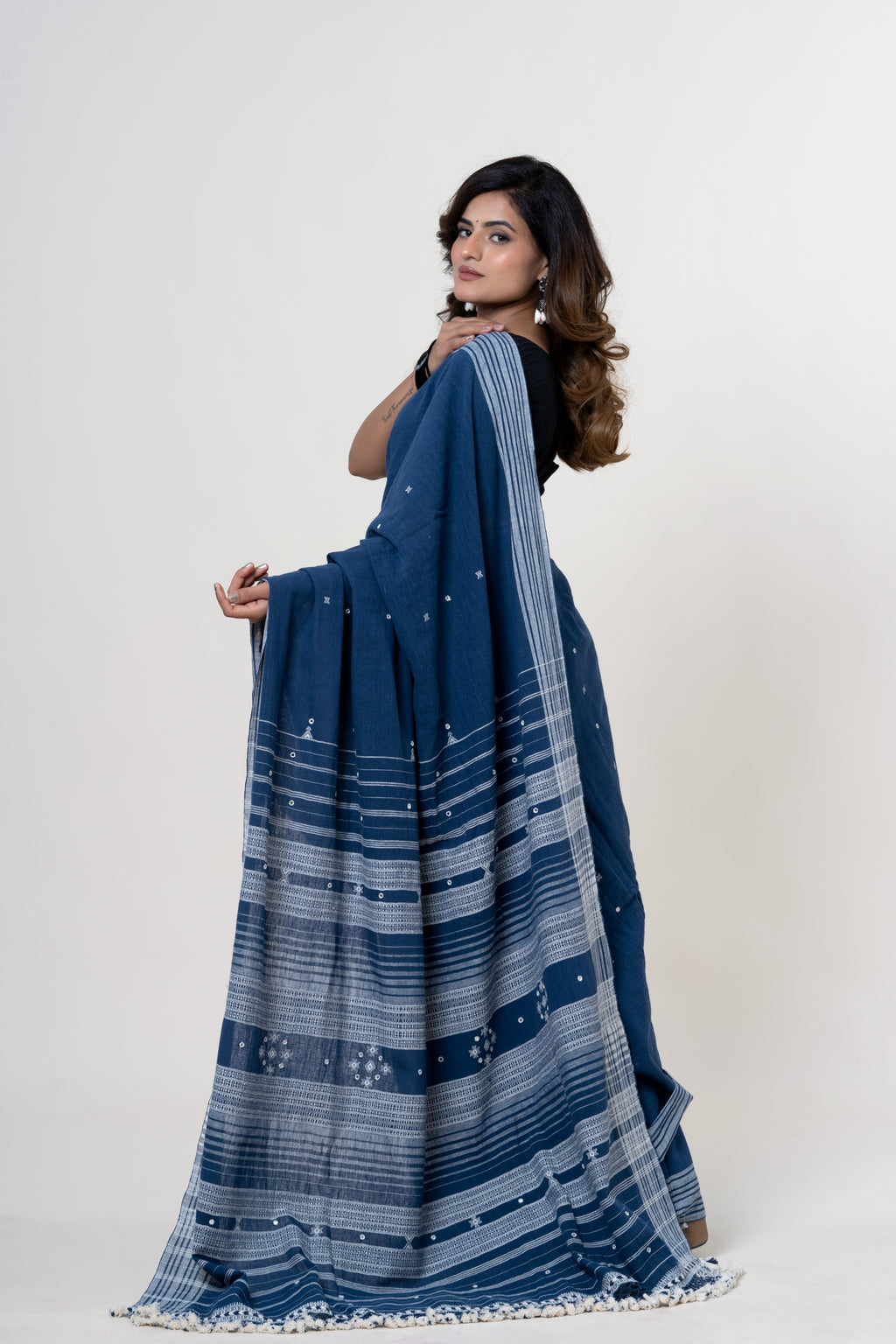 Deep Indigo Bhujodi Handwoven Kala Cotton Saree with White Motifs