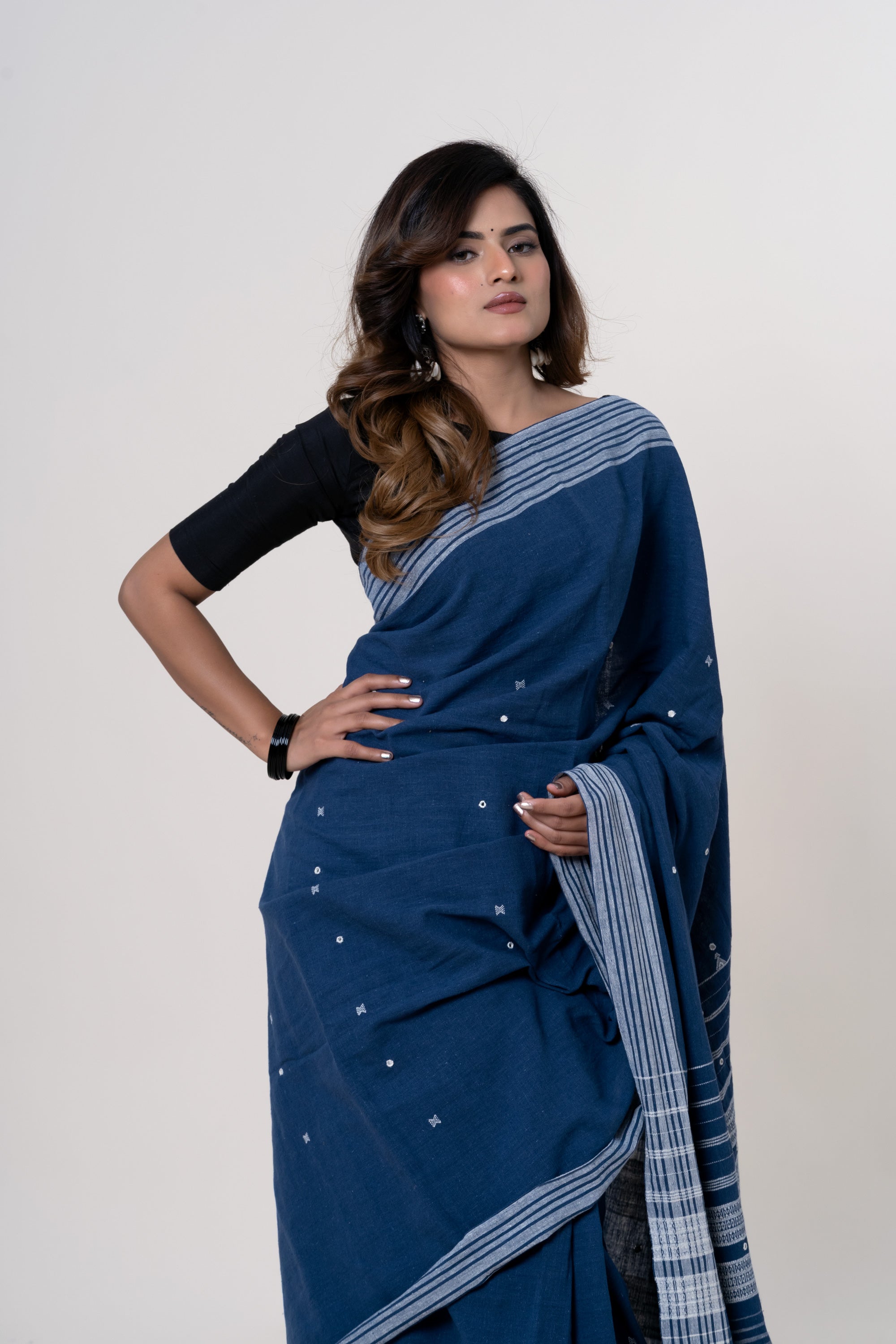 Deep Indigo Bhujodi Handwoven Kala Cotton Saree with White Motifs