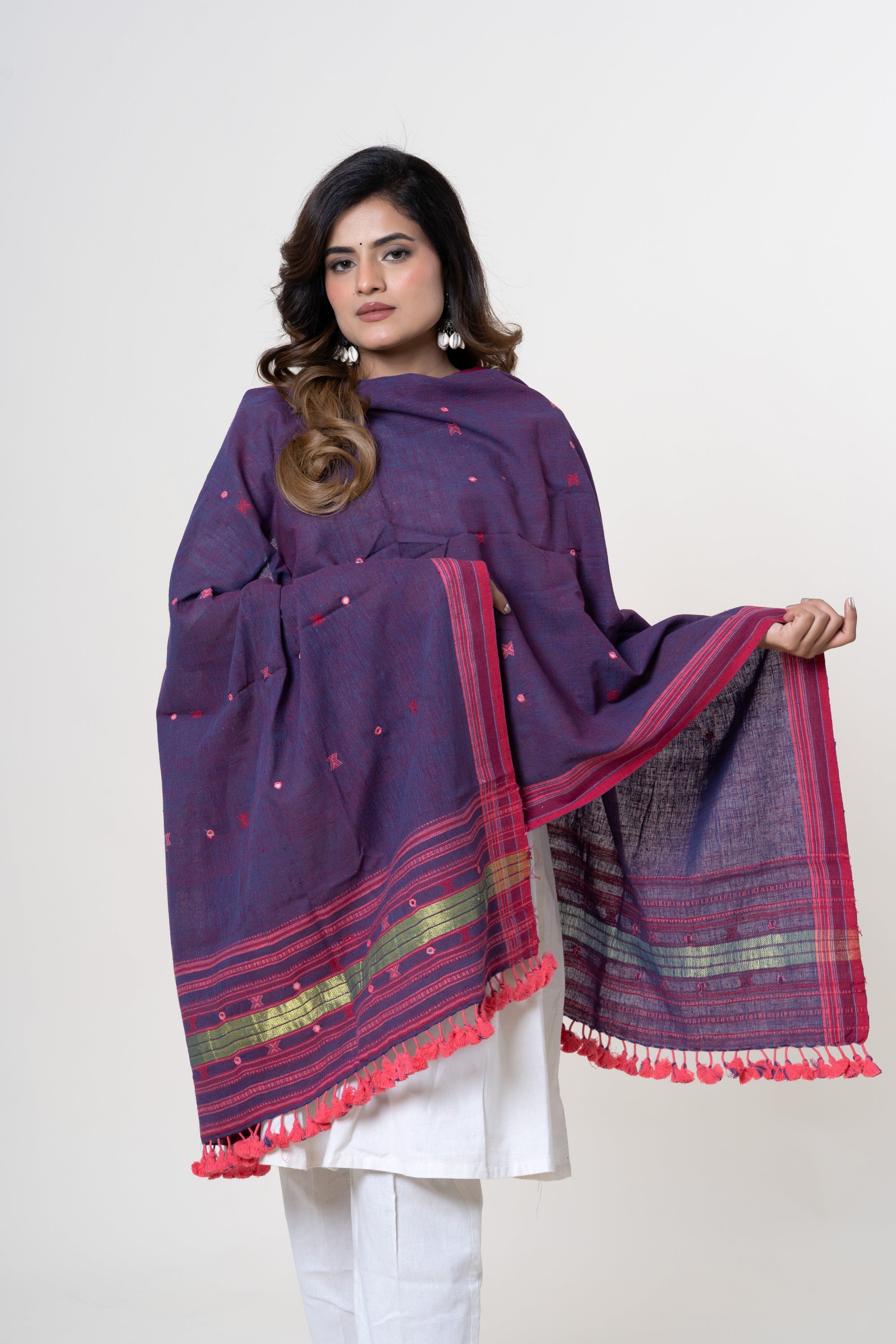 Deep Purple Bhujodi Handwoven Kala Cotton Stole with Magenta-Pink Accents
