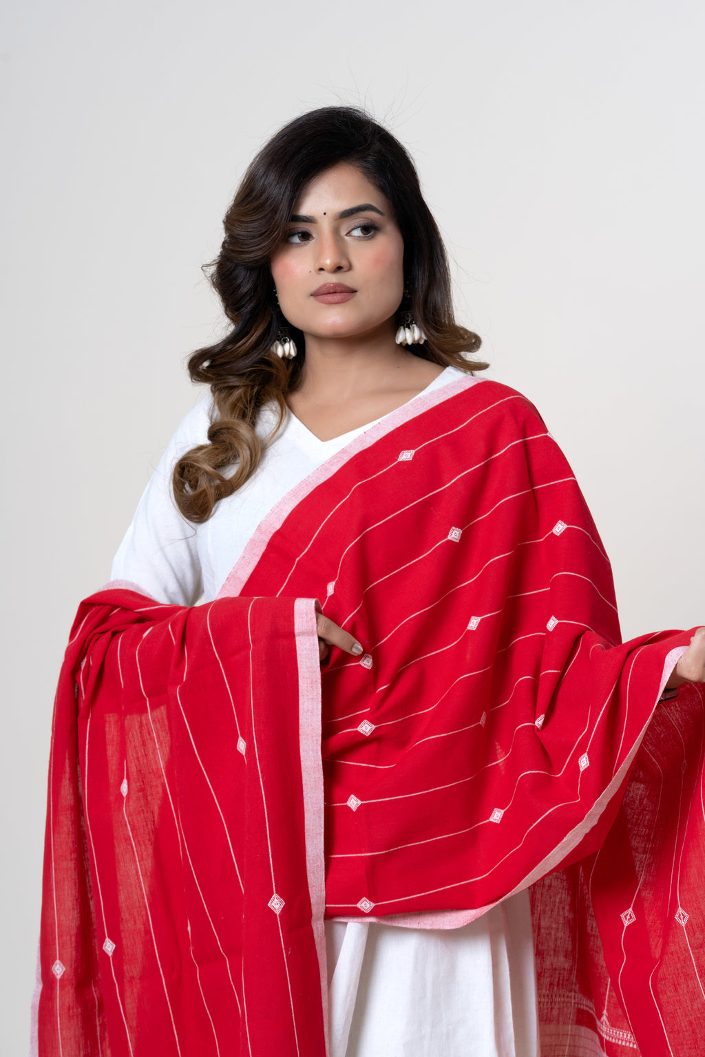 Scarlet Red Bhujodi Handwoven Kala Cotton Stole with White Accents