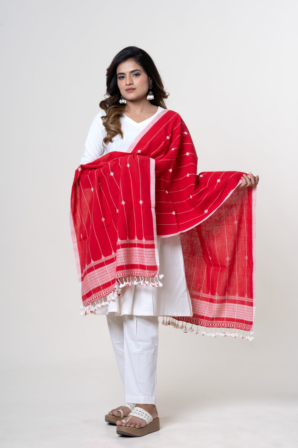 Scarlet Red Bhujodi Handwoven Kala Cotton Stole with White Accents