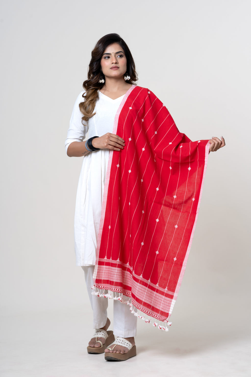 Scarlet Red Bhujodi Handwoven Kala Cotton Stole with White Accents