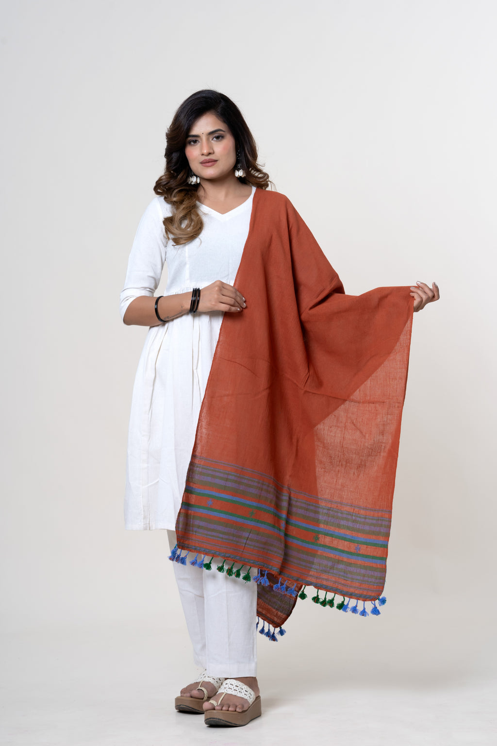 Rust/Terracotta Bhujodi Handwoven Kala Cotton Stole with Multicolored Accents