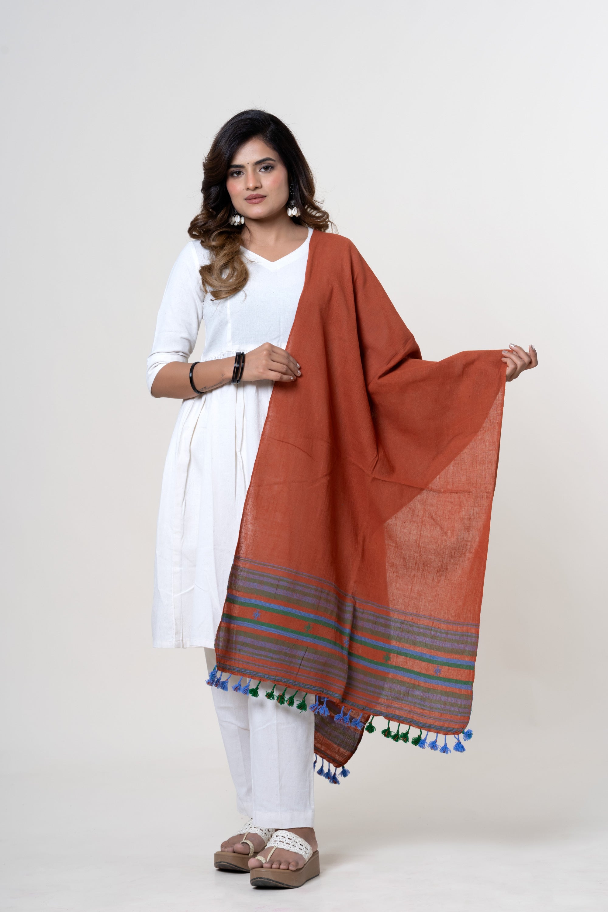 Rust/Terracotta Bhujodi Handwoven Kala Cotton Stole with Multicolored Accents