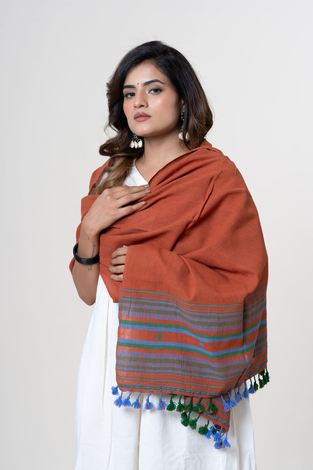 Rust/Terracotta Bhujodi Handwoven Kala Cotton Stole with Multicolored Accents
