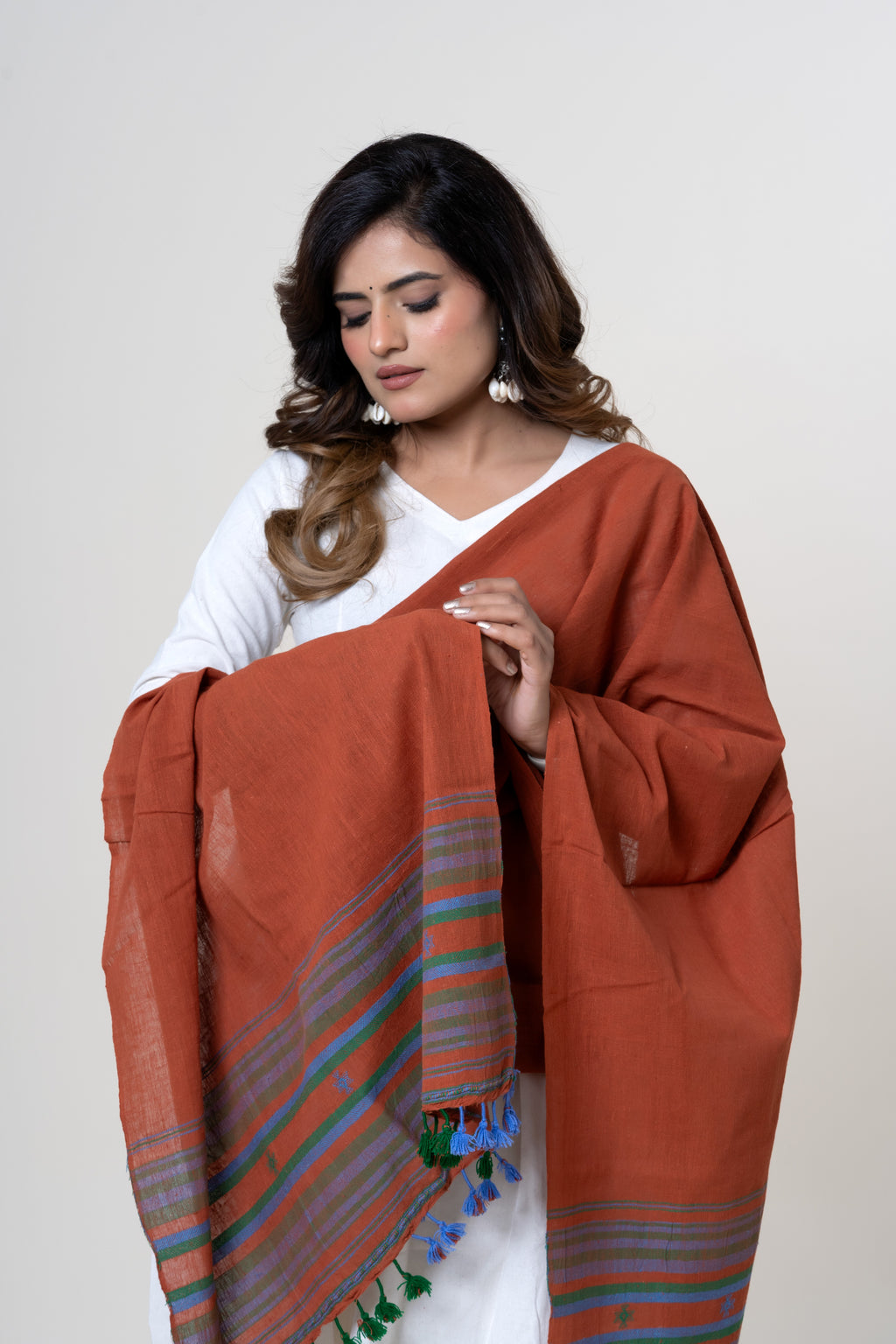 Rust/Terracotta Bhujodi Handwoven Kala Cotton Stole with Multicolored Accents