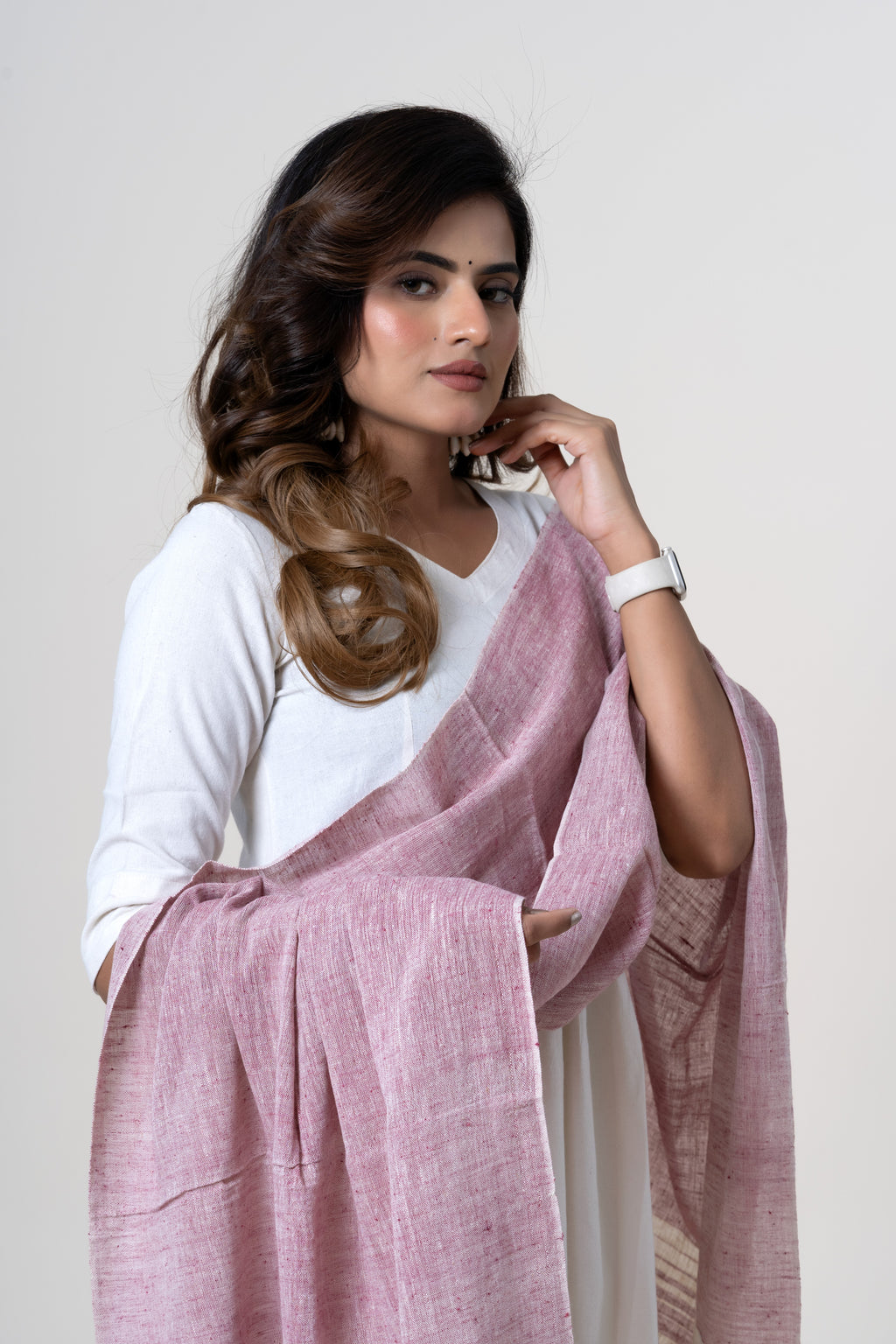 Dusty Rose Pink Bhujodi Handwoven Kala Cotton Stole with Ivory-white & Maroon Accents