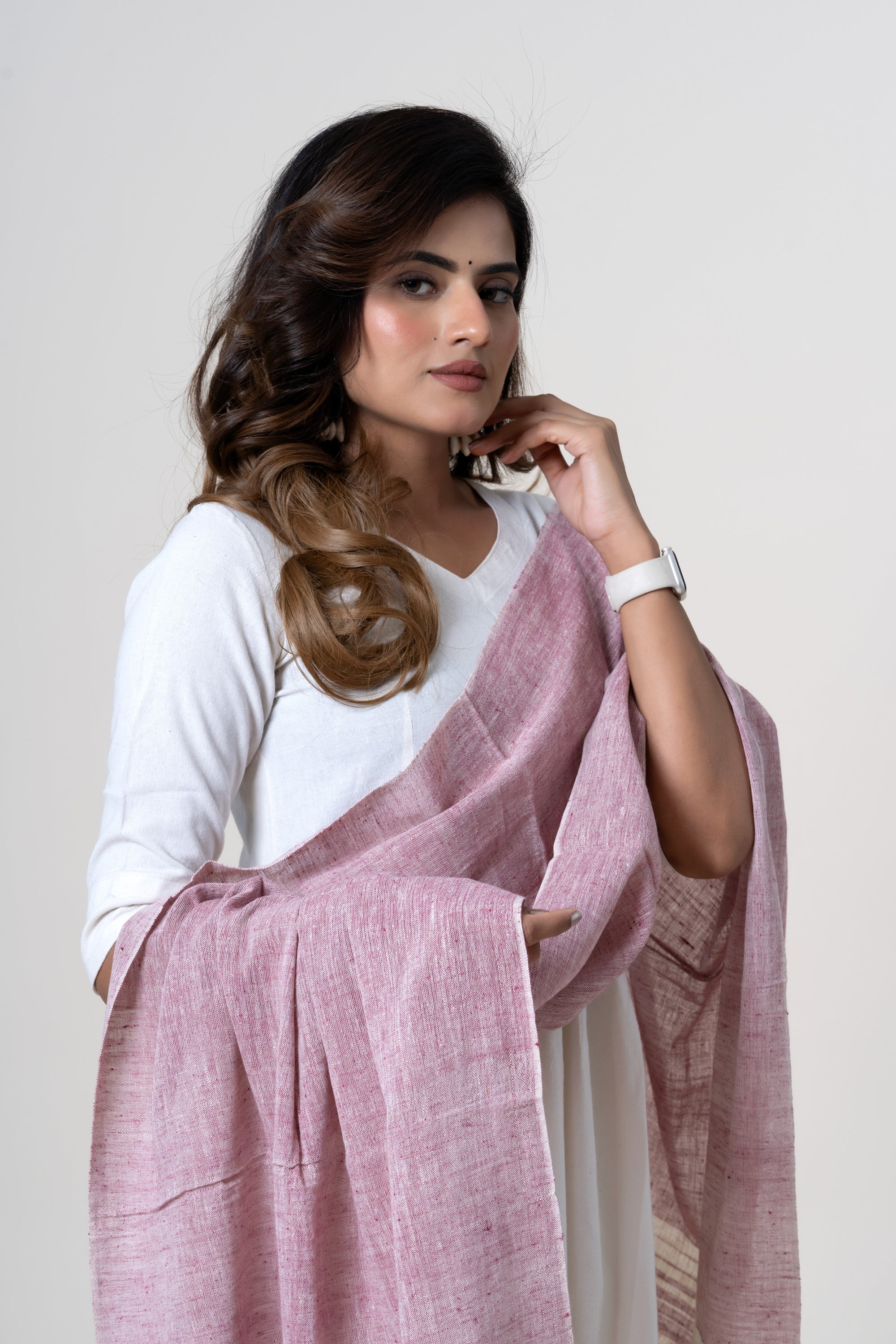 Dusty Rose Pink Bhujodi Handwoven Kala Cotton Stole with Ivory-white & Maroon Accents
