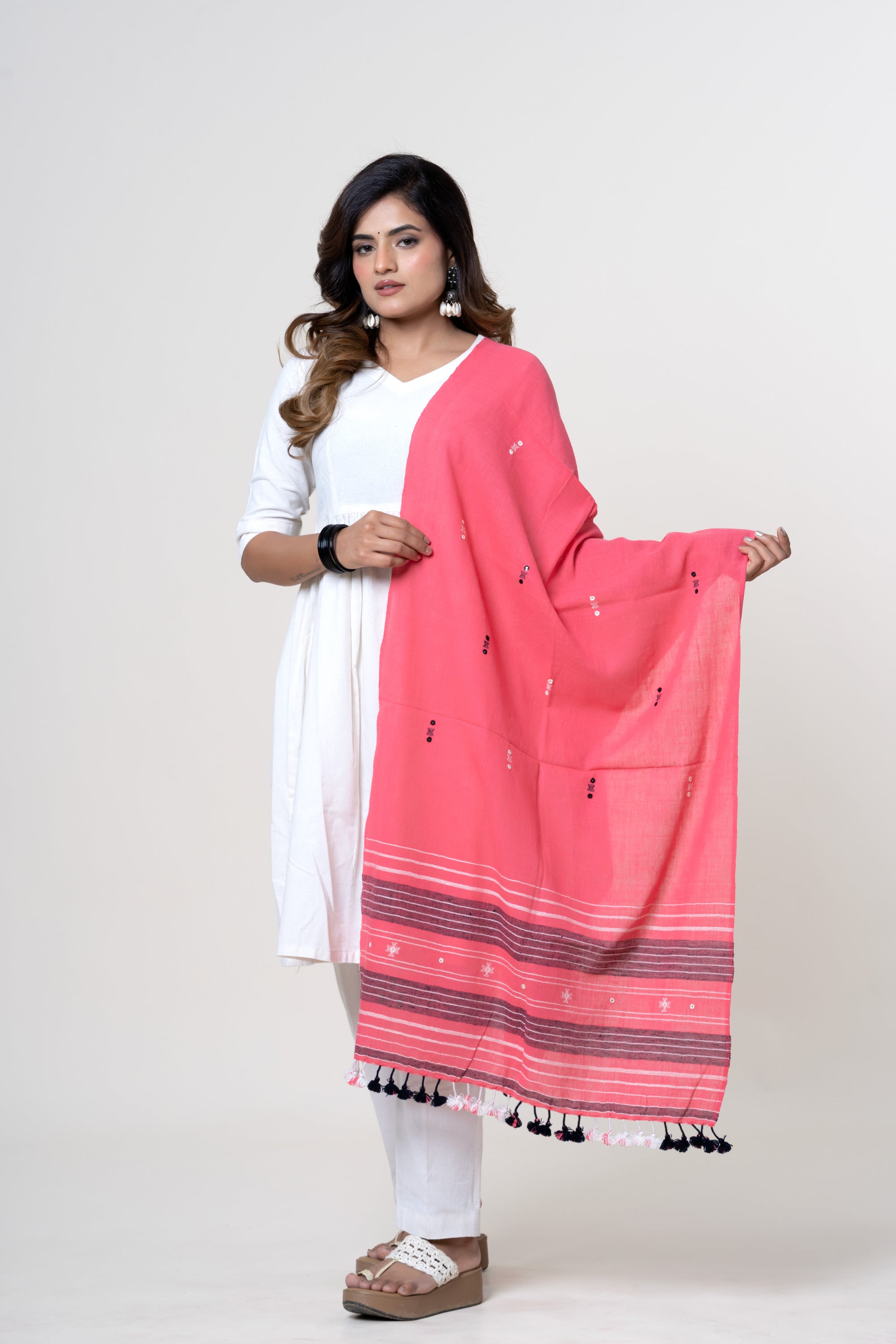 Coral Pink Bhujodi Handwoven Kala Cotton Stole with Charcoal Black & White Accents
