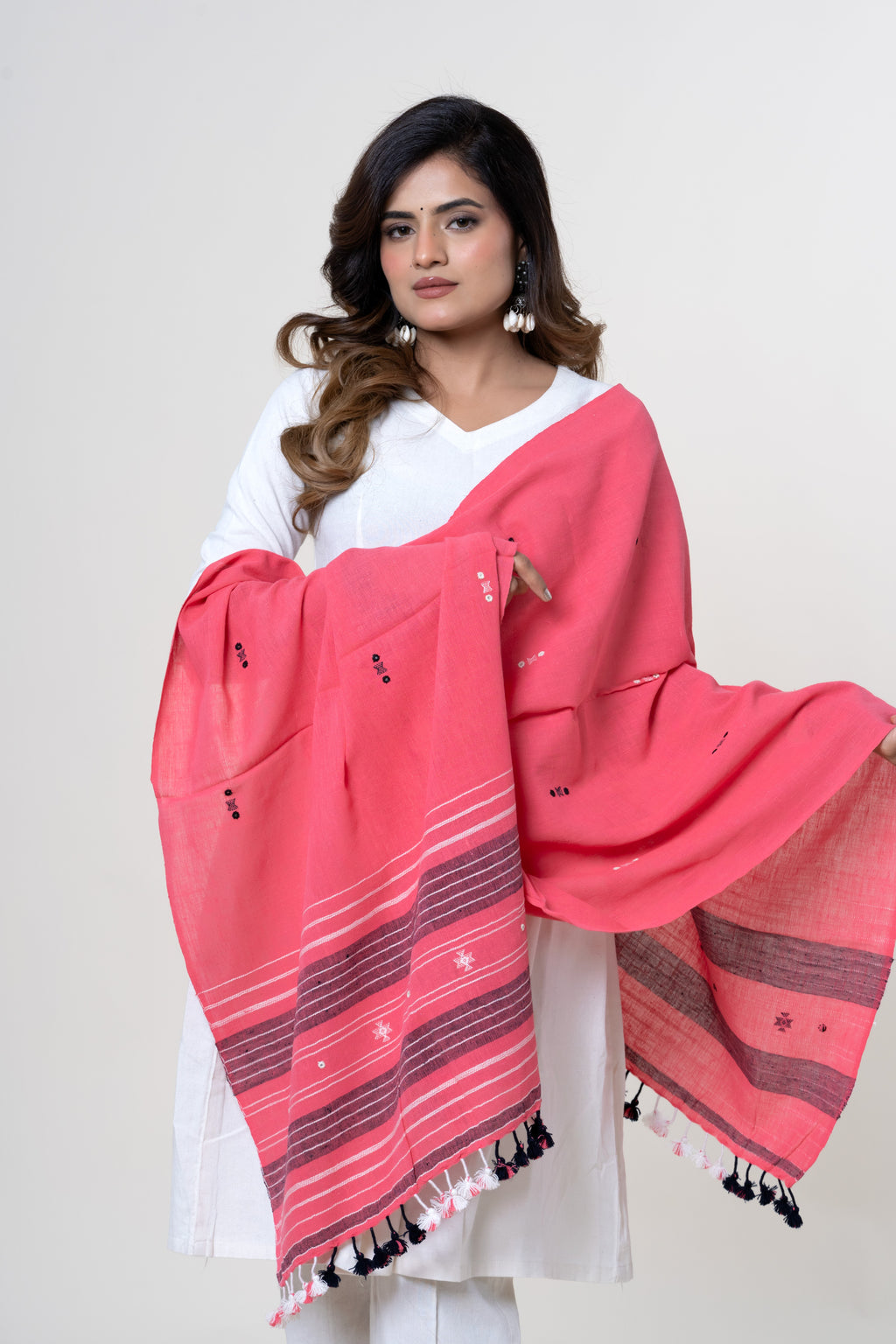 Coral Pink Bhujodi Handwoven Kala Cotton Stole with Charcoal Black & White Accents