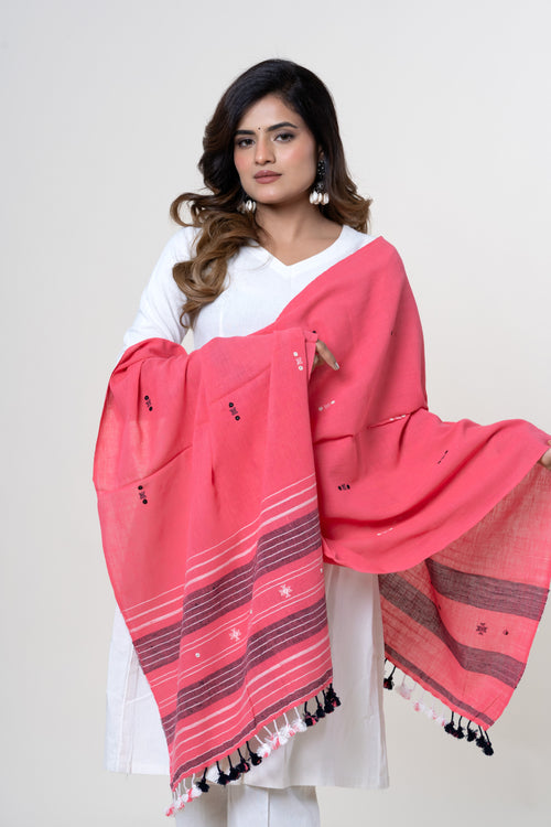 Coral Pink Bhujodi Handwoven Kala Cotton Stole with Charcoal Black & White Accents