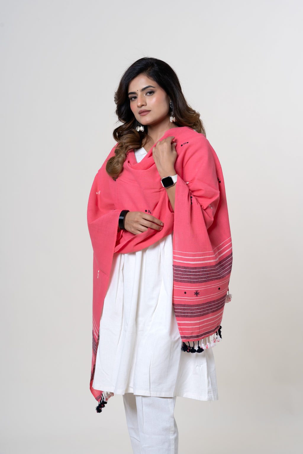 Coral Pink Bhujodi Handwoven Kala Cotton Stole with Charcoal Black & White Accents