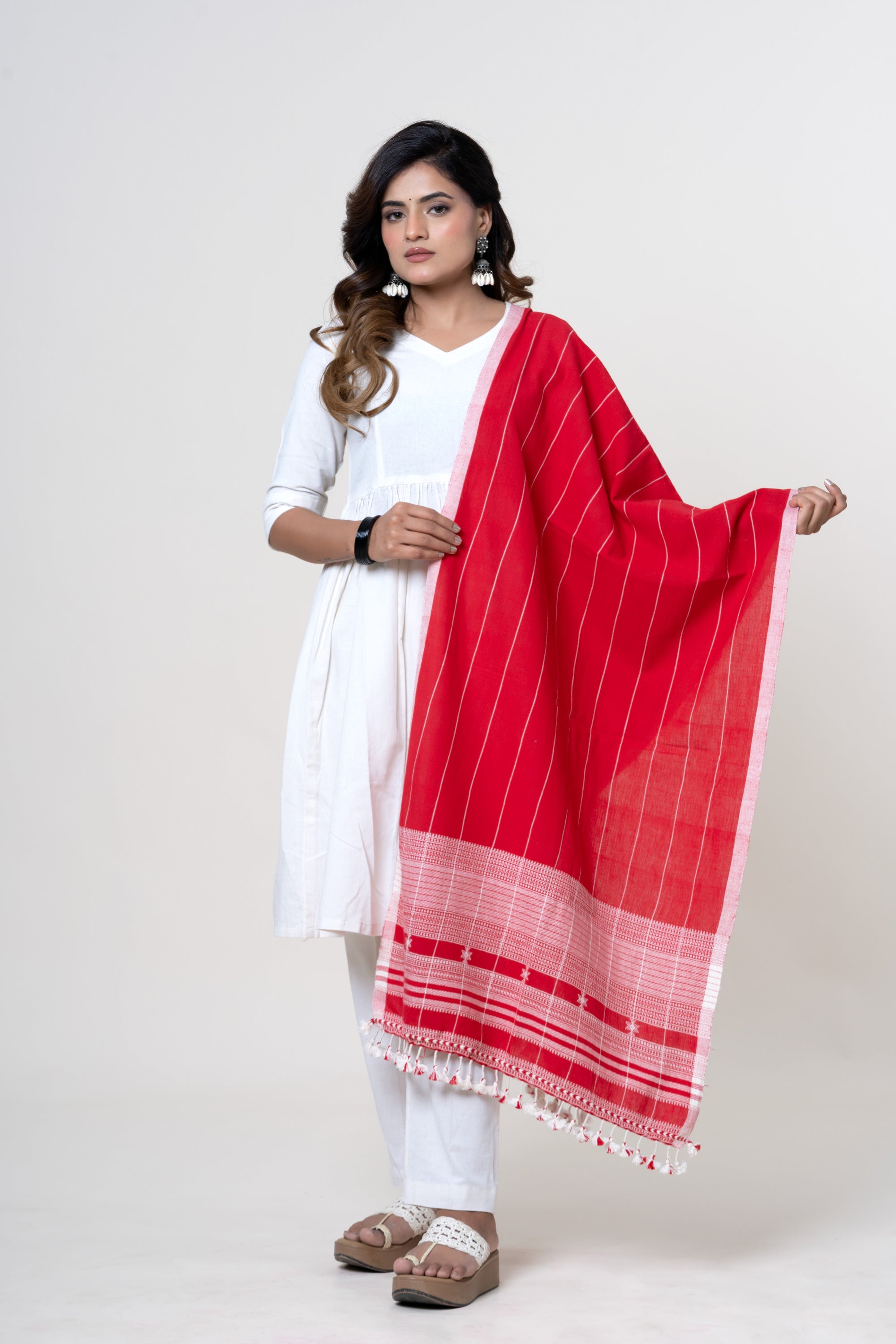 Scarlet Red Bhujodi Handwoven Kala Cotton Stole with White Accents
