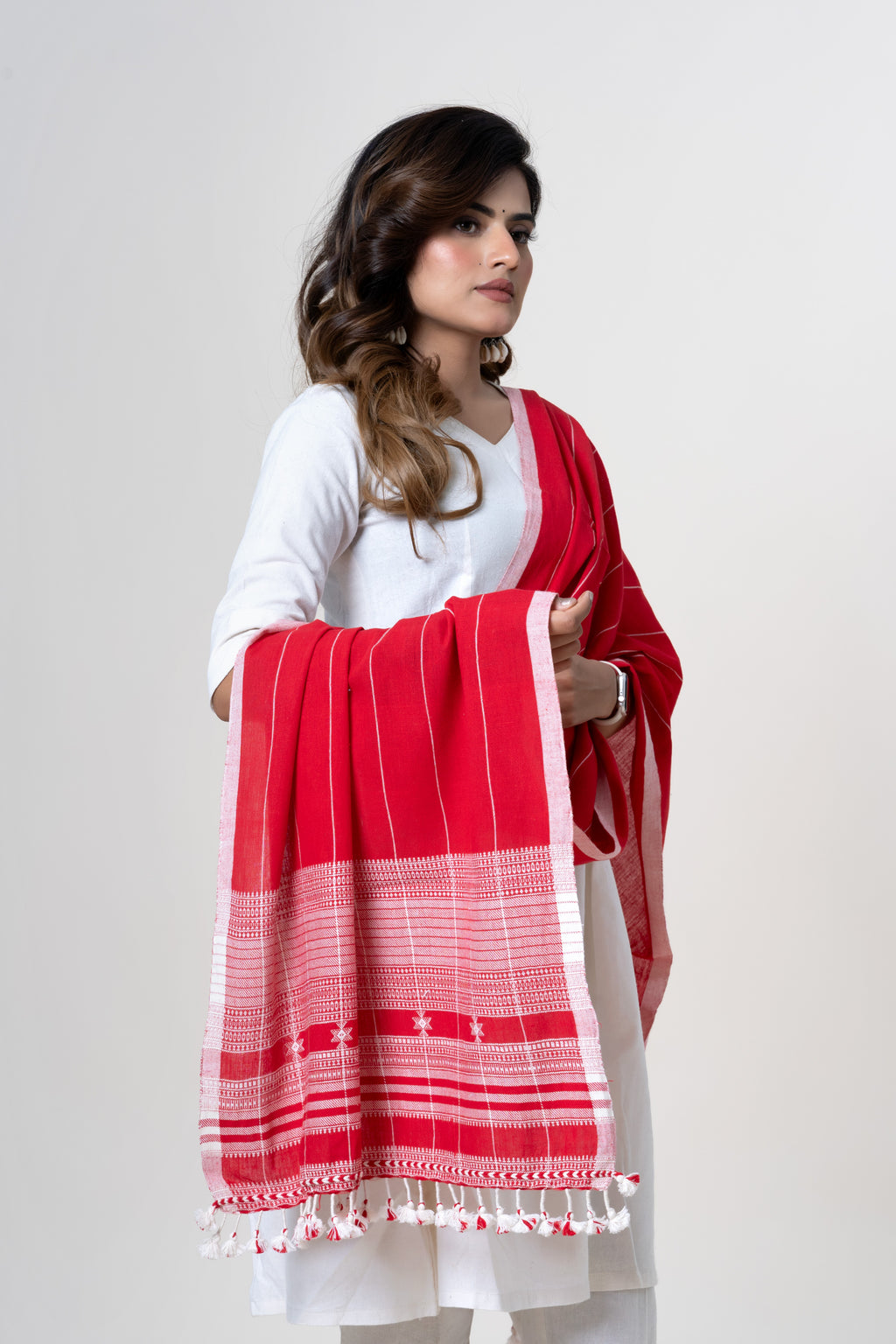 Scarlet Red Bhujodi Handwoven Kala Cotton Stole with White Accents
