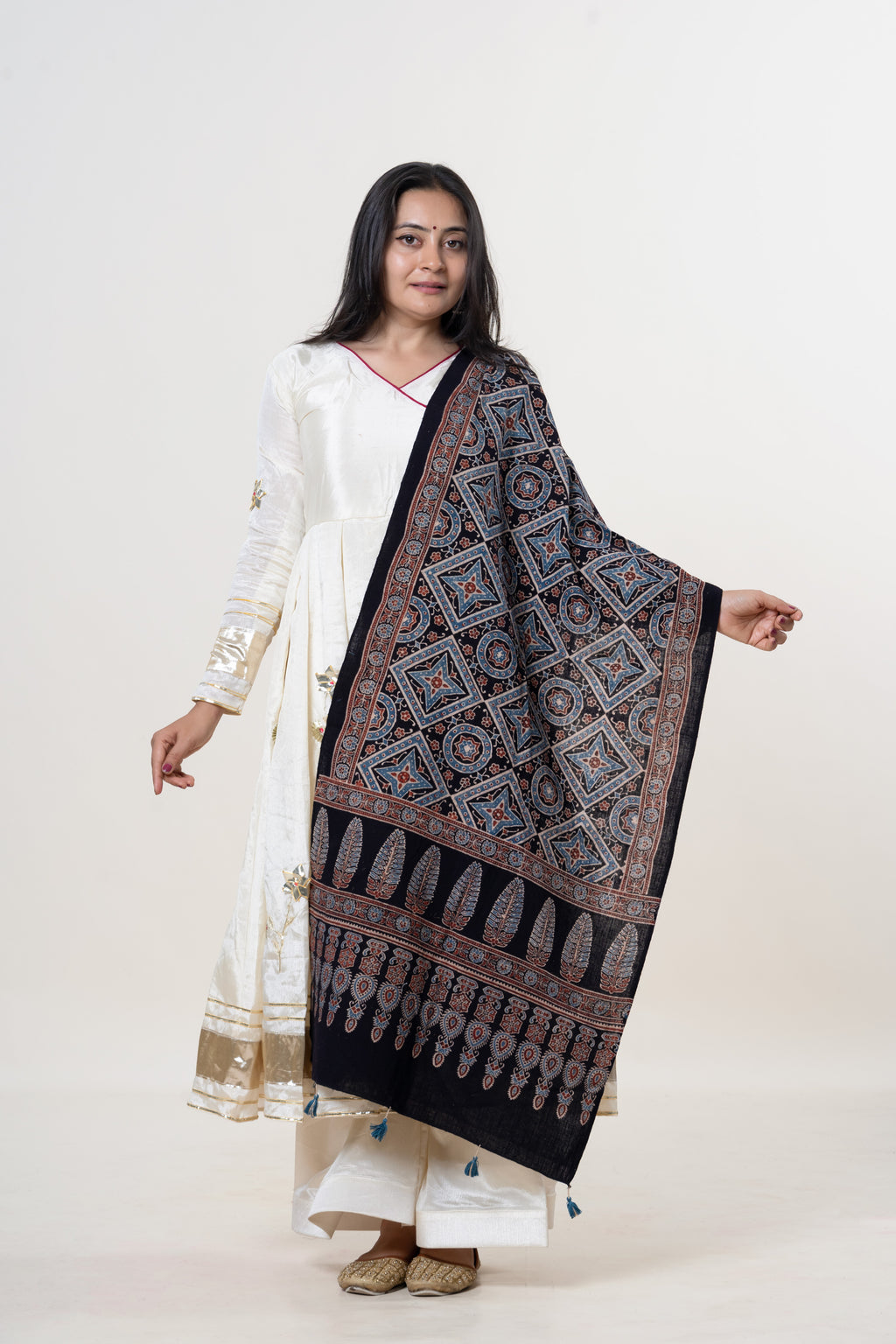 Black with Blue & Rust Ajrakh Hand-Block Print Kala Cotton Stole