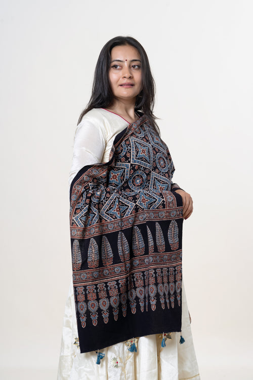 Black with Blue & Rust Ajrakh Hand-Block Print Kala Cotton Stole