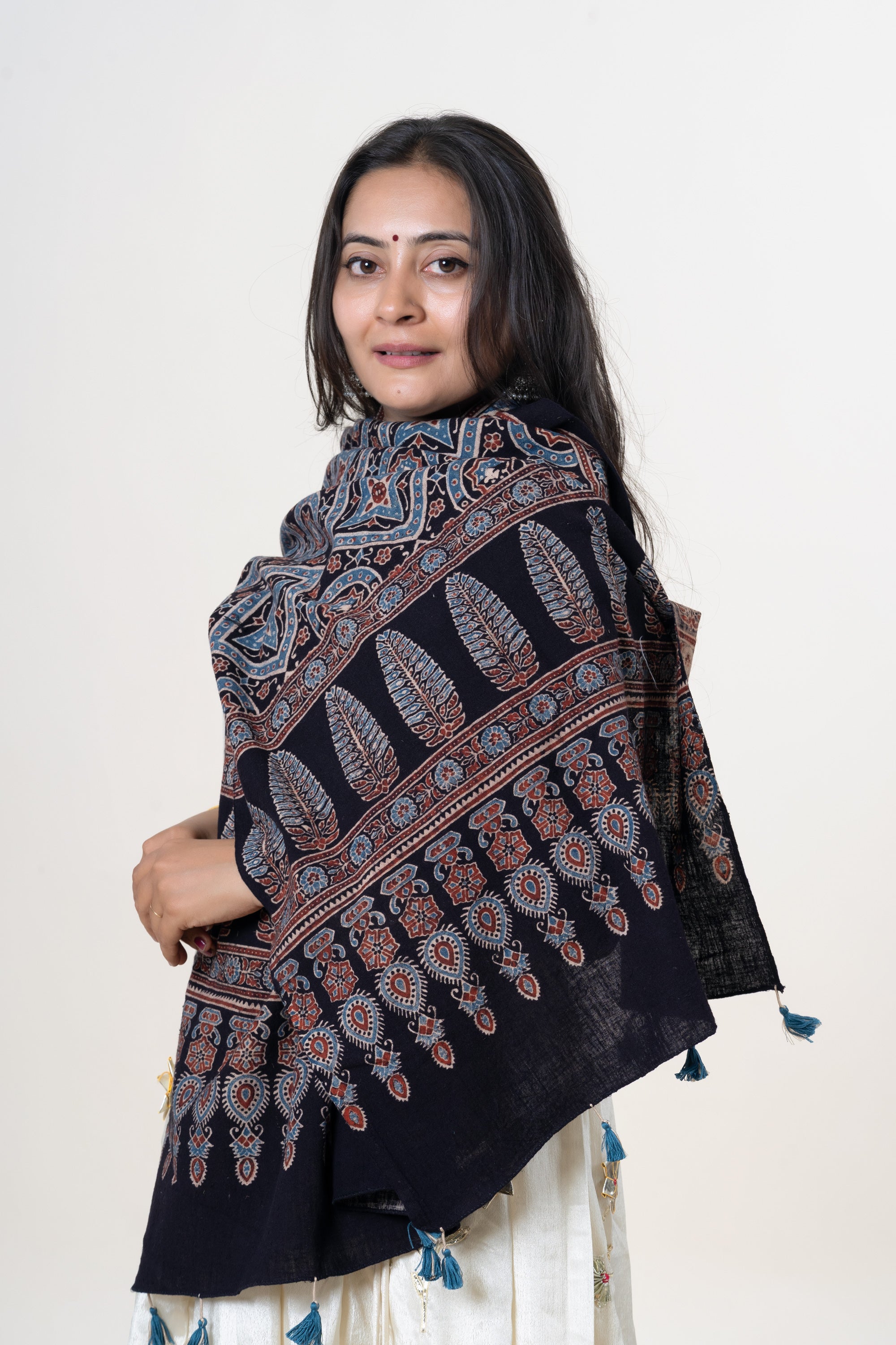 Black with Blue & Rust Ajrakh Hand-Block Print Kala Cotton Stole