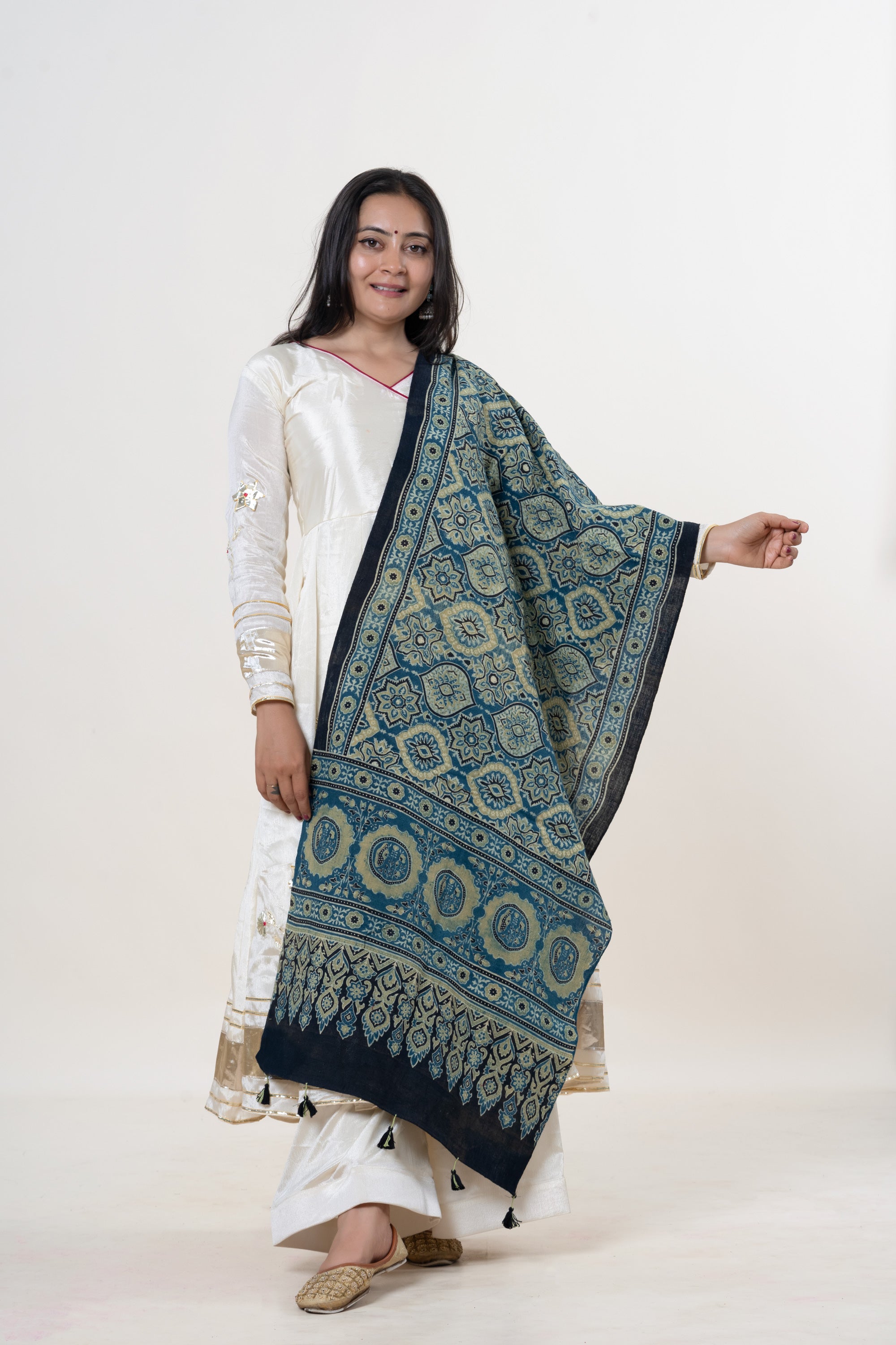 Black & Indigo with Golden Yellow & Cream Ajrakh Hand-Block Print Kala Cotton Stole