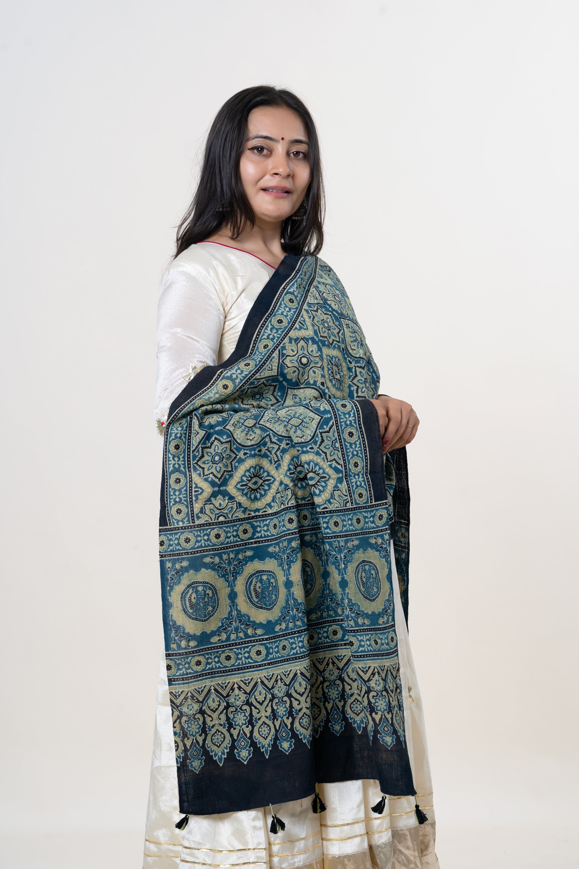 Black & Indigo with Golden Yellow & Cream Ajrakh Hand-Block Print Kala Cotton Stole